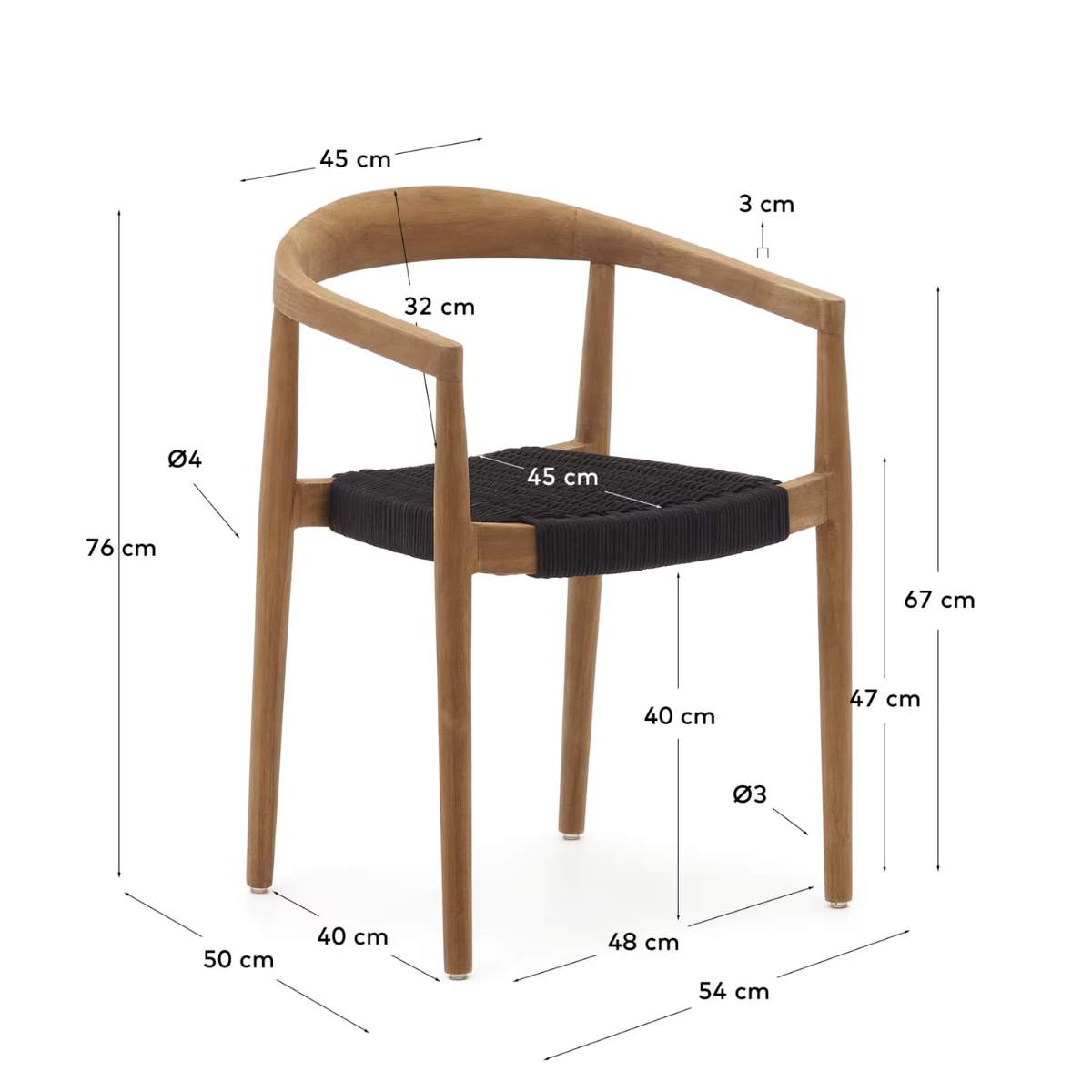 Kave Home Ydalia stackable outdoor chair in solid teak wood with natural finish and black rope