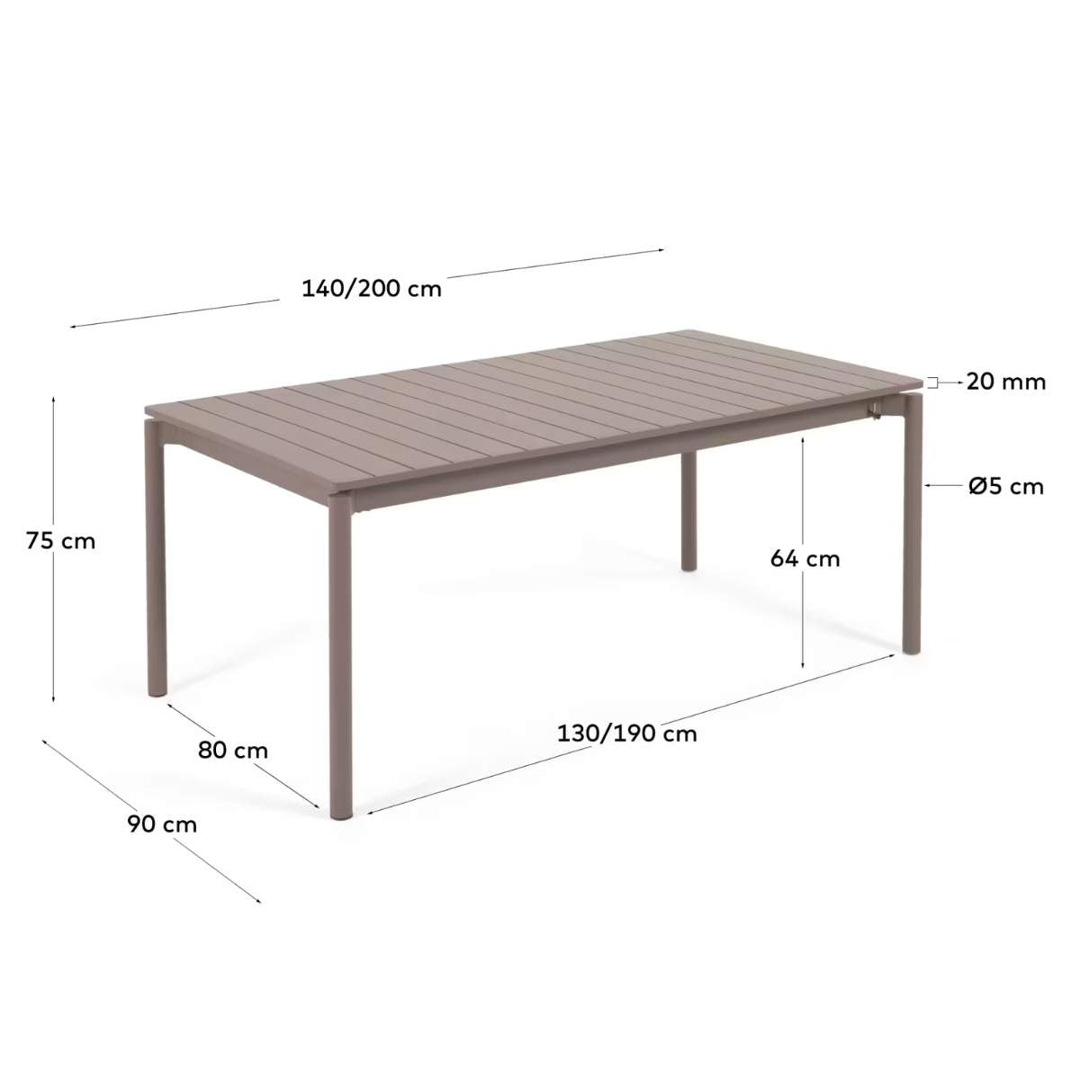 Kave Home Zaltana extendable aluminium outdoor table with matt brown finish 140 (200) x 90 cm