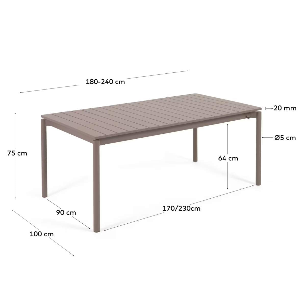 Kave Home Zaltana extendable aluminium outdoor table with matt brown finish 140 (200) x 90 cm