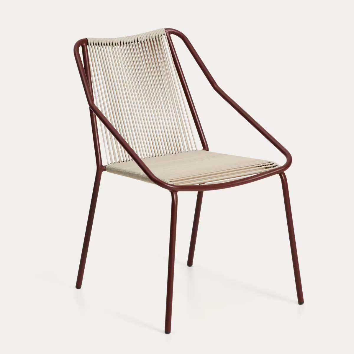 Kave Home Zivia stackable outdoor chair in ecru rope cord and burgundy galvanised steel
