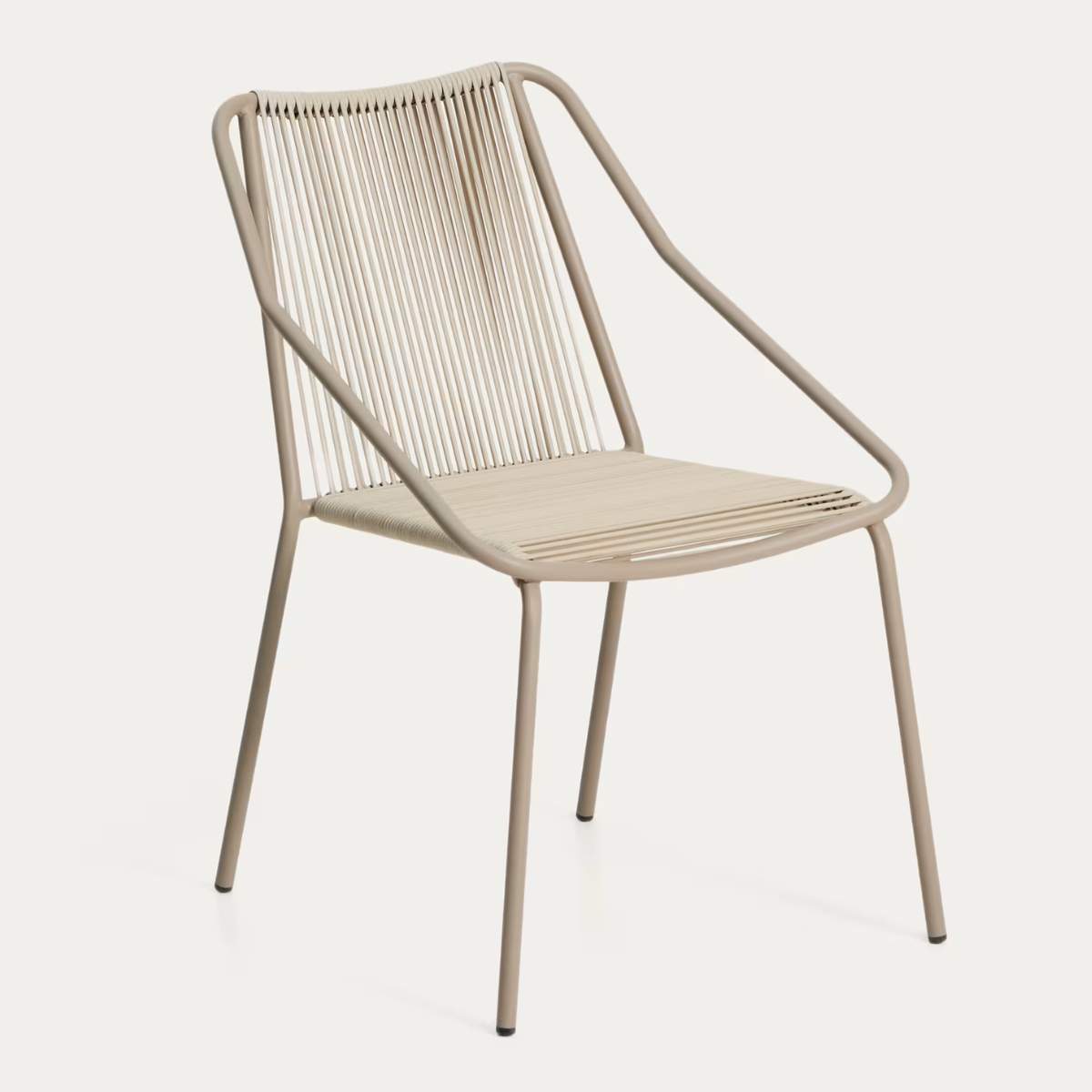 Kave Home Zivia stackable outdoor chair in ecru rope cord and burgundy galvanised steel
