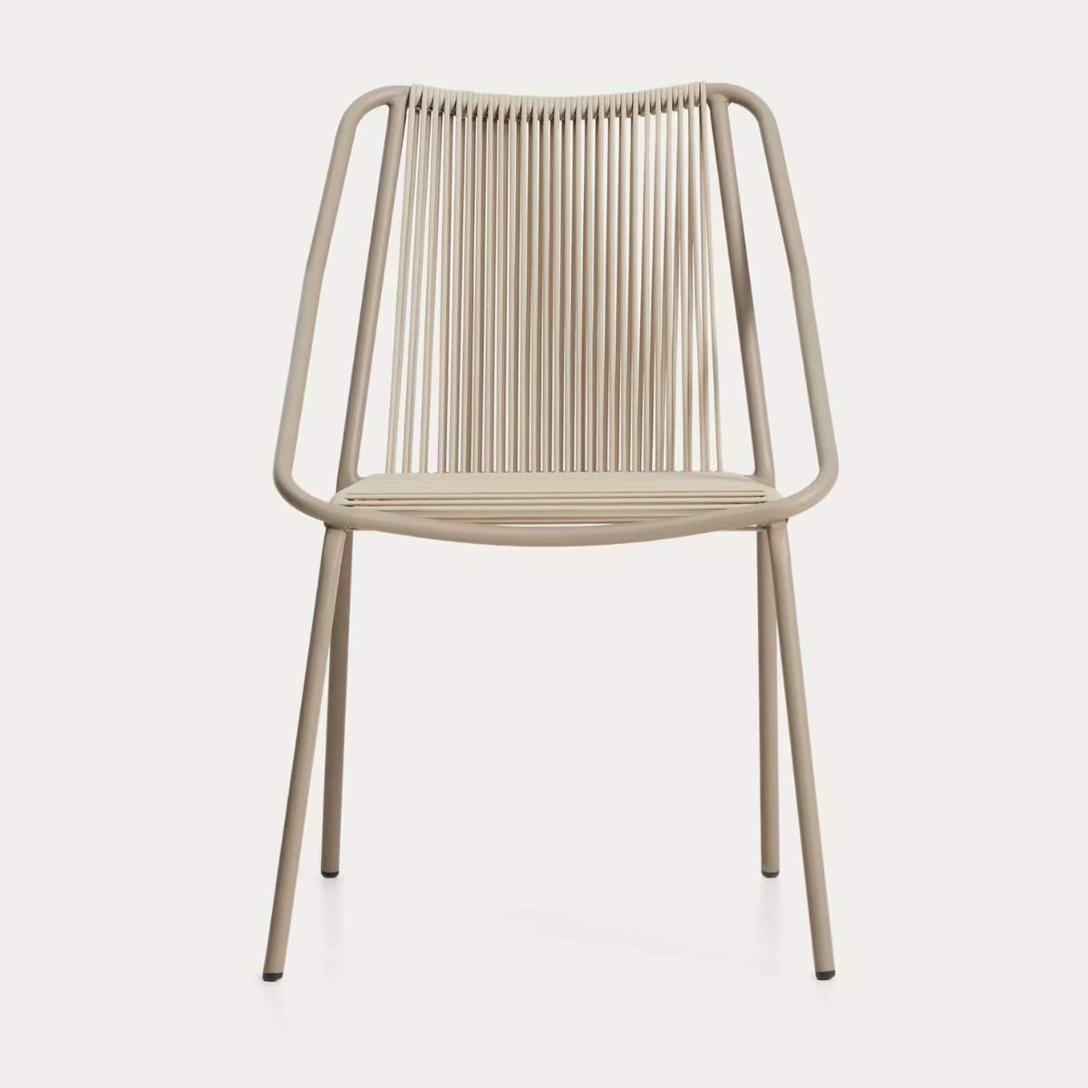 Kave Home Zivia stackable outdoor chair in ecru rope cord and burgundy galvanised steel