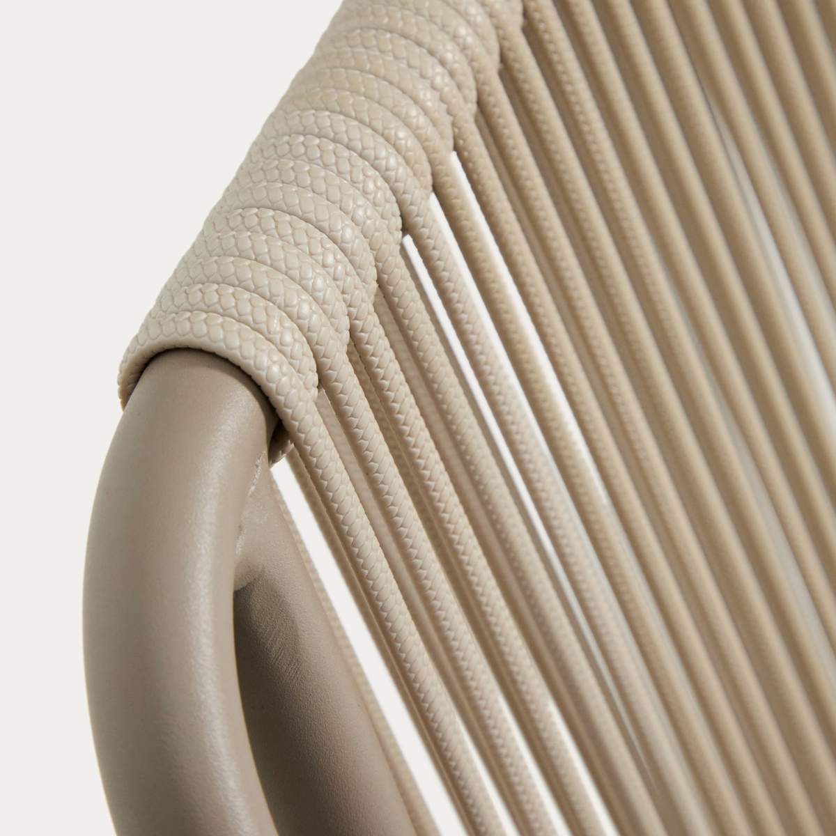 Kave Home Zivia stackable outdoor chair in ecru rope cord and burgundy galvanised steel