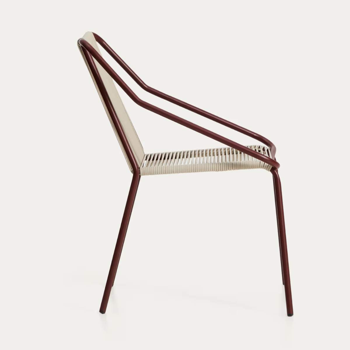 Kave Home Zivia stackable outdoor chair in ecru rope cord and burgundy galvanised steel
