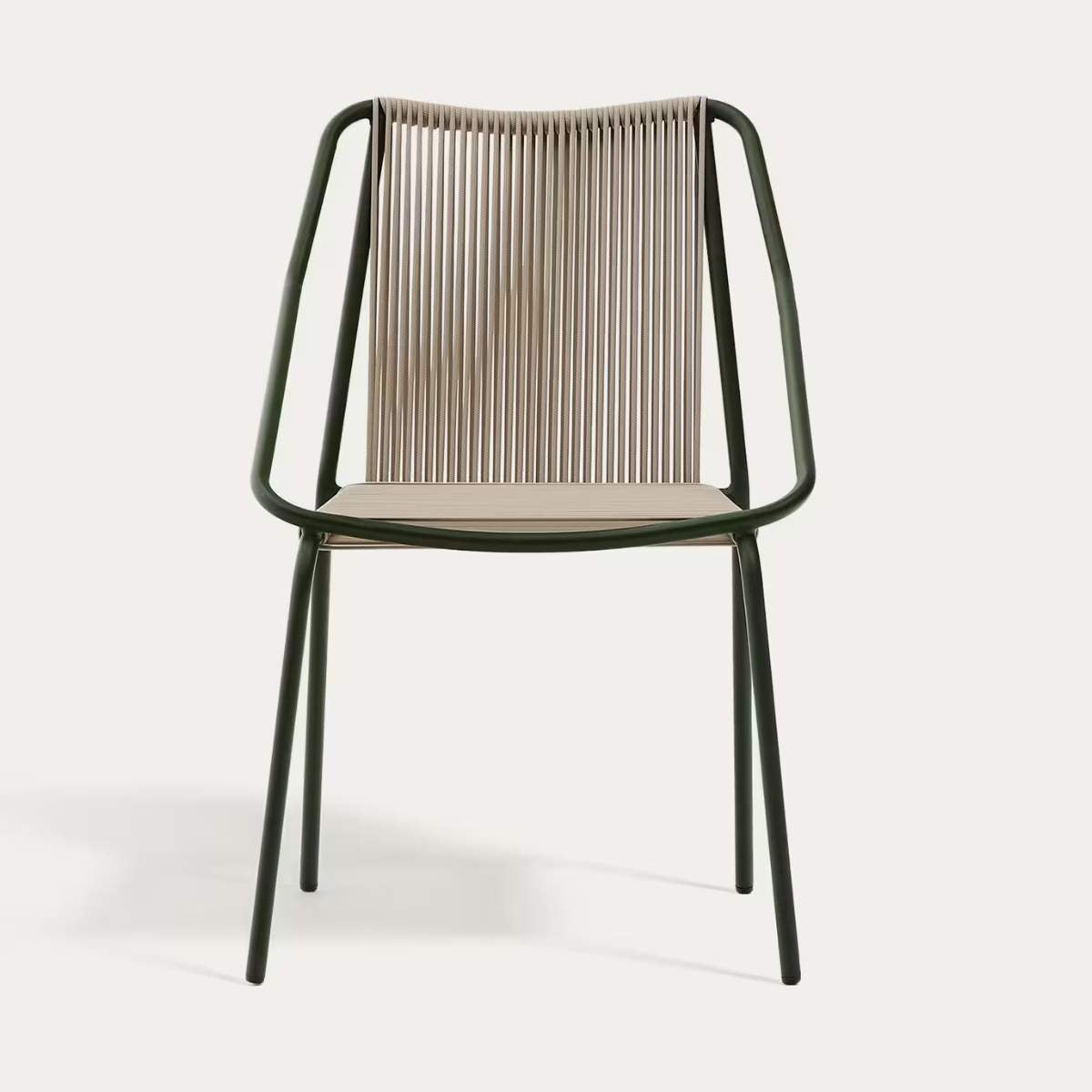 Kave Home Zivia stackable outdoor chair in ecru rope cord and burgundy galvanised steel