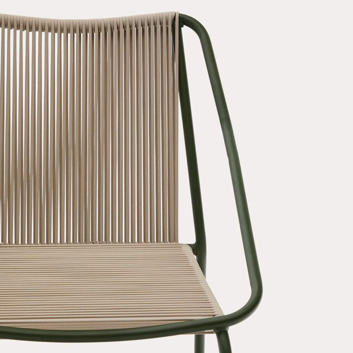 Kave Home Zivia stackable outdoor chair in ecru rope cord and burgundy galvanised steel
