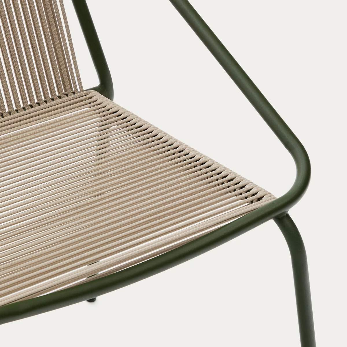Kave Home Zivia stackable outdoor chair in ecru rope cord and burgundy galvanised steel