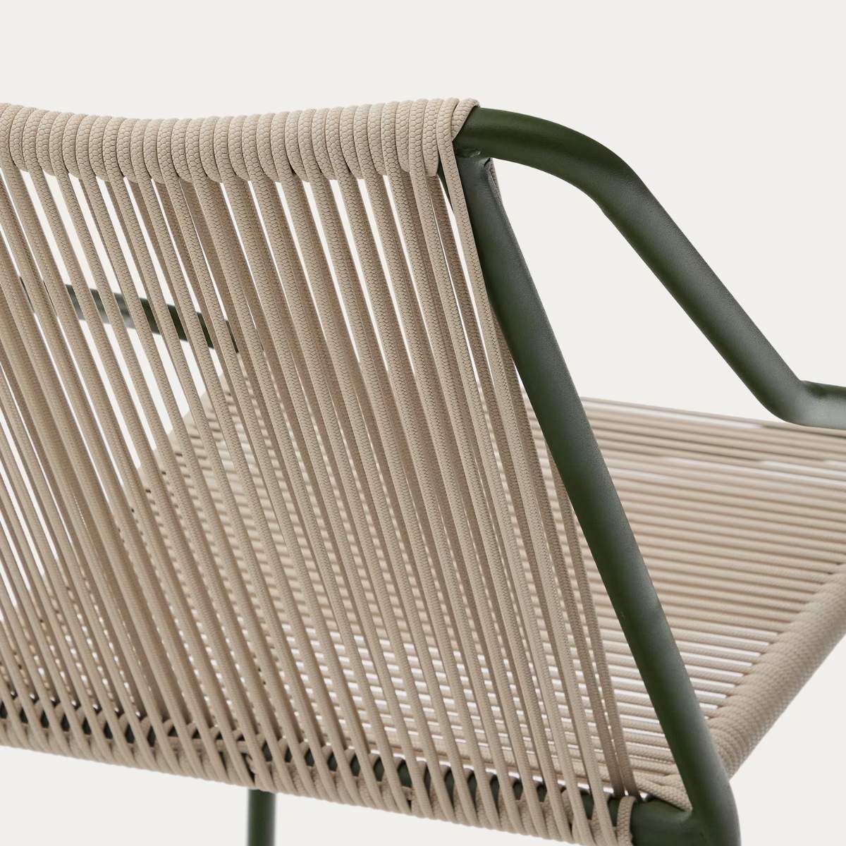 Kave Home Zivia stackable outdoor chair in ecru rope cord and burgundy galvanised steel