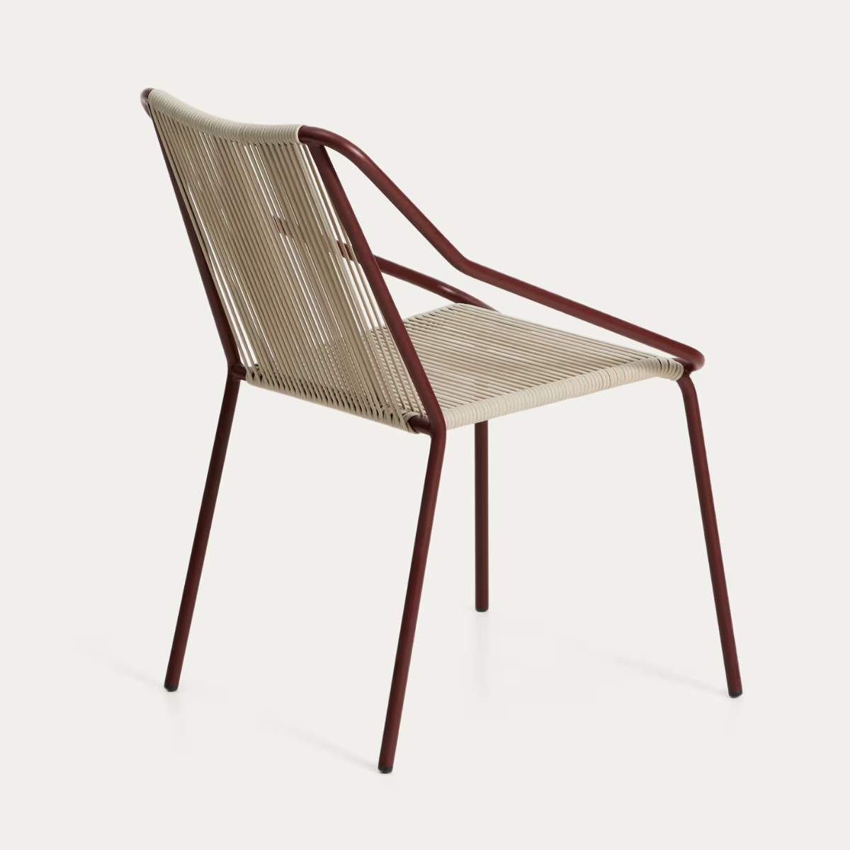 Kave Home Zivia stackable outdoor chair in ecru rope cord and burgundy galvanised steel