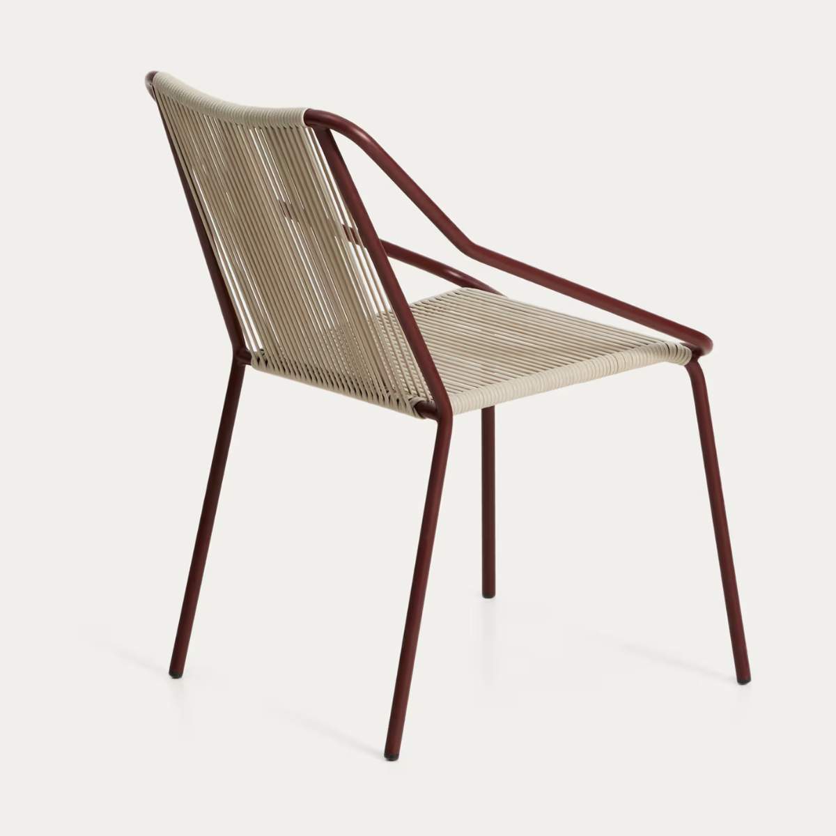 Kave Home Zivia stackable outdoor chair in ecru rope cord and burgundy galvanised steel