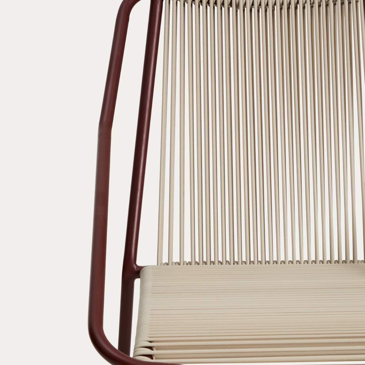 Kave Home Zivia stackable outdoor chair in ecru rope cord and burgundy galvanised steel