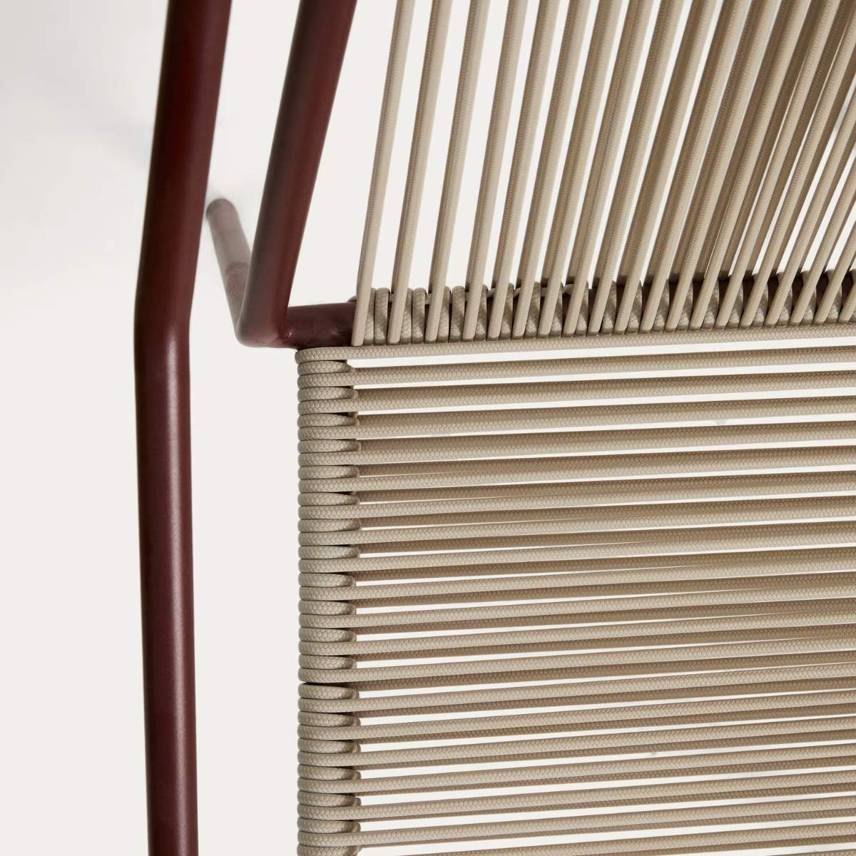 Kave Home Zivia stackable outdoor chair in ecru rope cord and burgundy galvanised steel