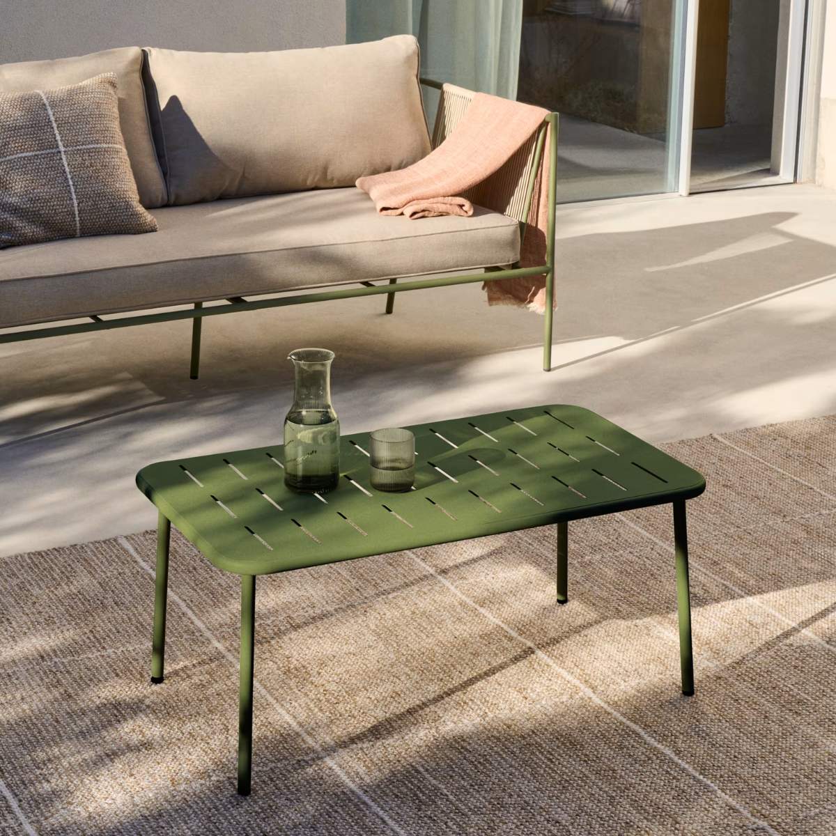 Kave Home Zivia outdoor coffee table in green galvanised steel 90 x 50cm