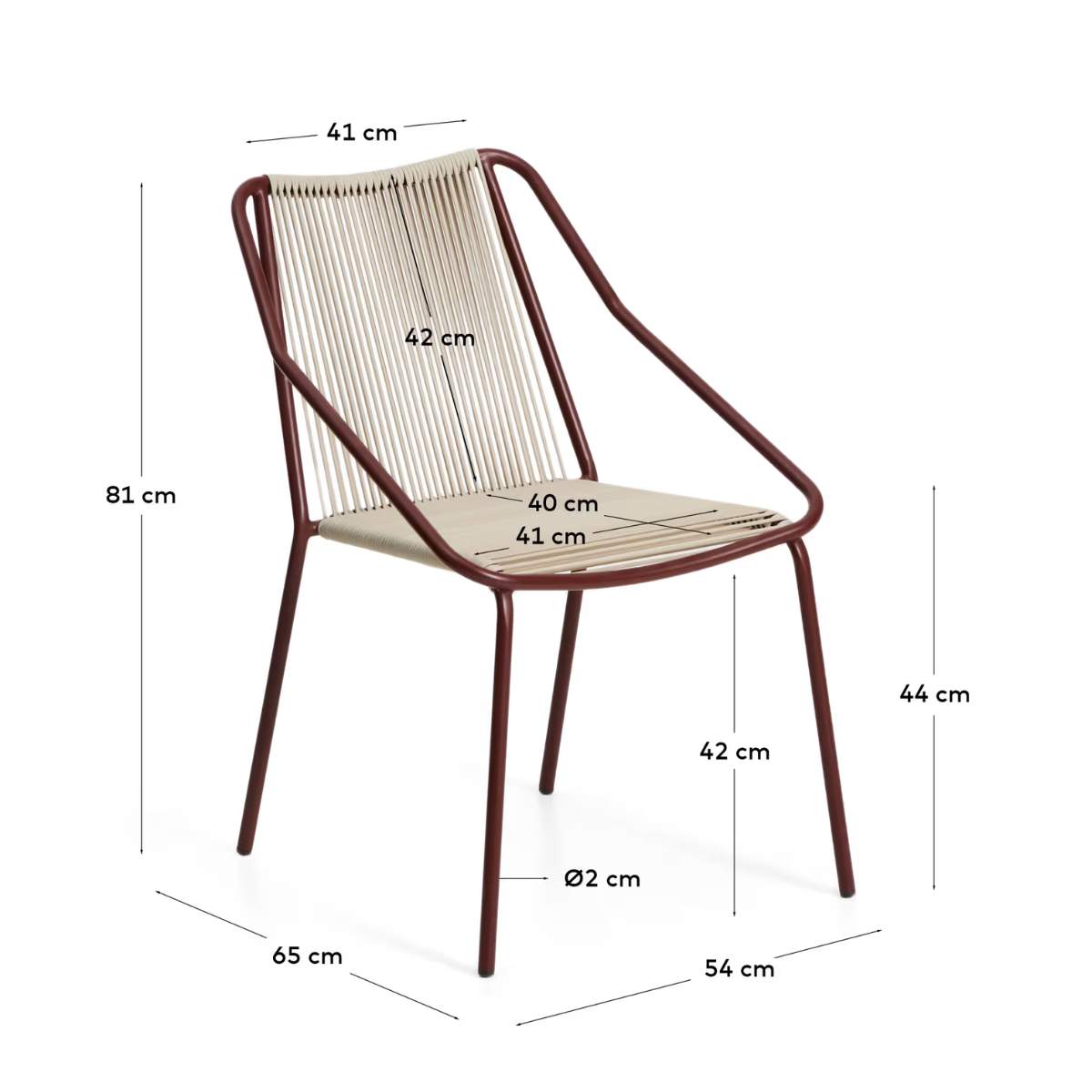Kave Home Zivia stackable outdoor chair in ecru rope cord and burgundy galvanised steel