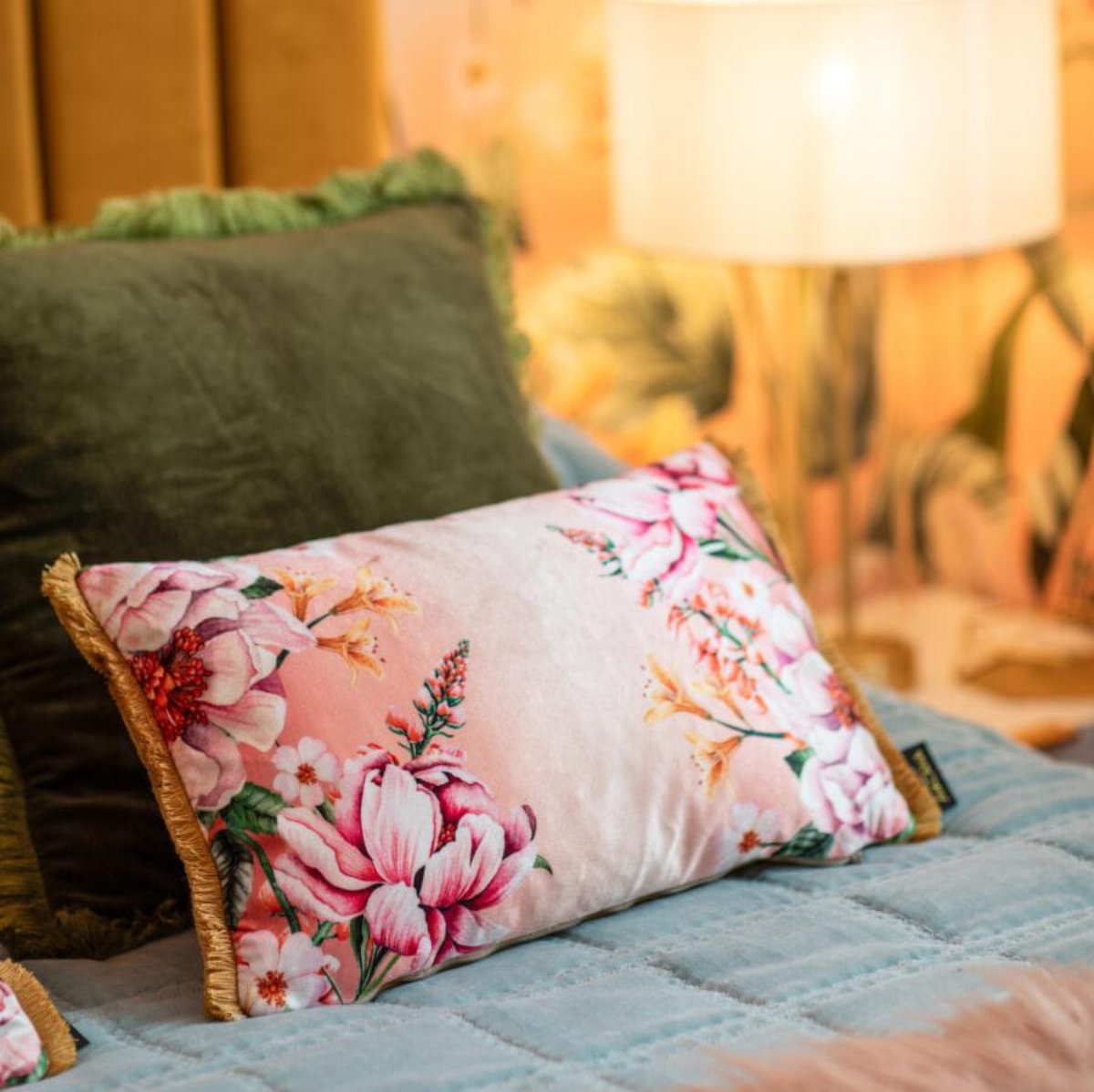 Avalana Blush Blooms Fringe Cushion-Beaumonde