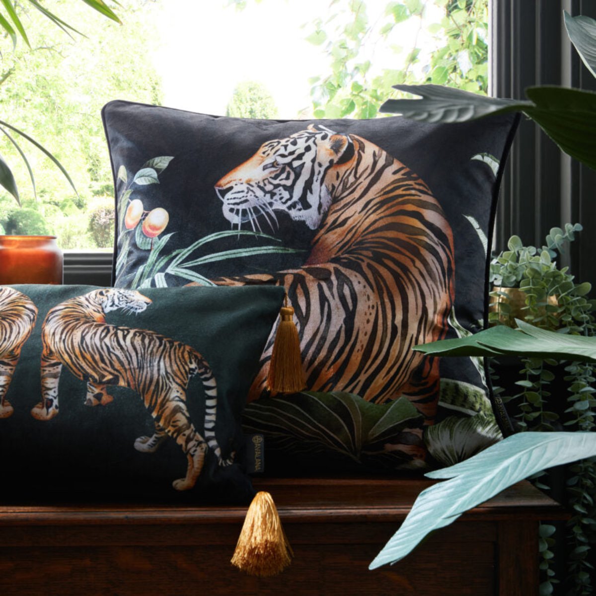 Avalana Caspian Tigress Piped Velvet Cushion-Beaumonde