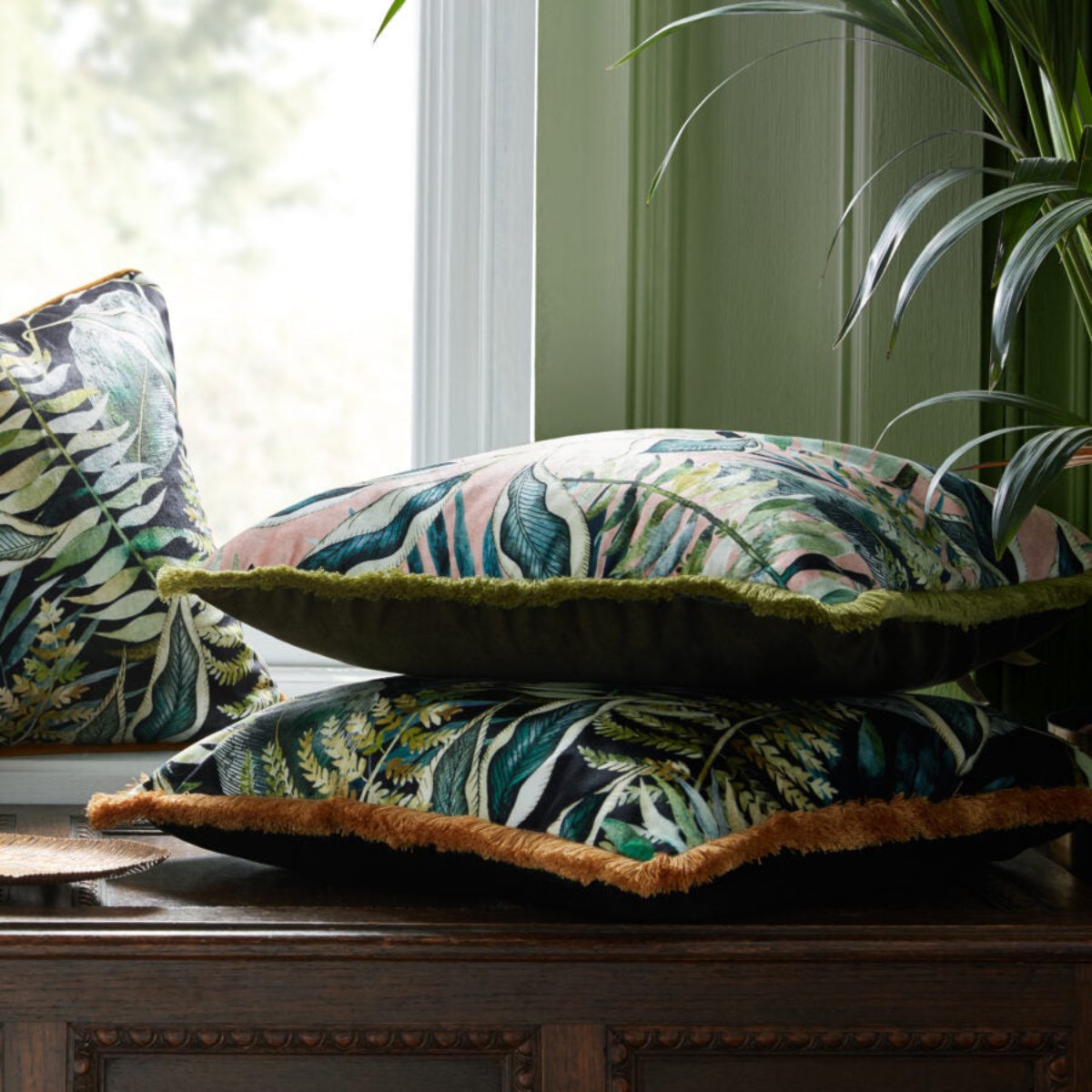 Avalana Dark Tropics Fringe Velvet Cushion-Beaumonde