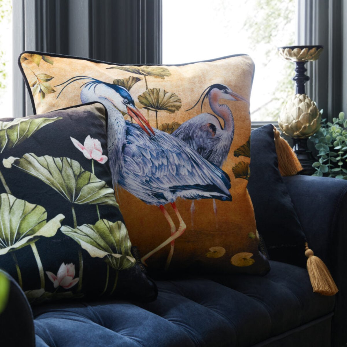 Avalana Golden Orient Piped Velvet Cushion-Beaumonde