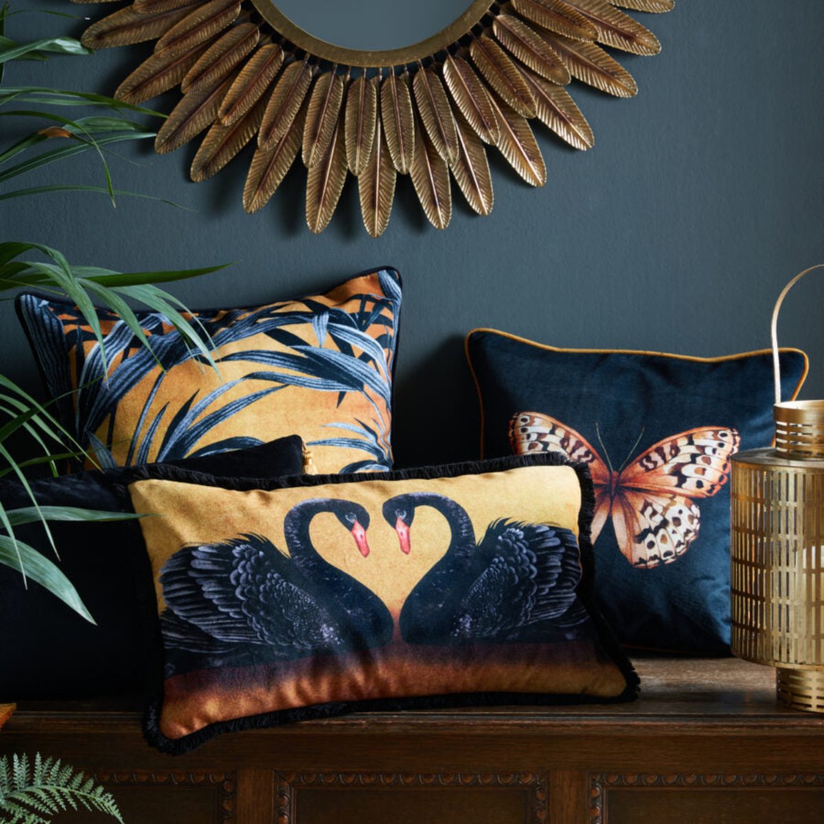 Avalana Golden Papilio Piped Velvet Cushion-Beaumonde