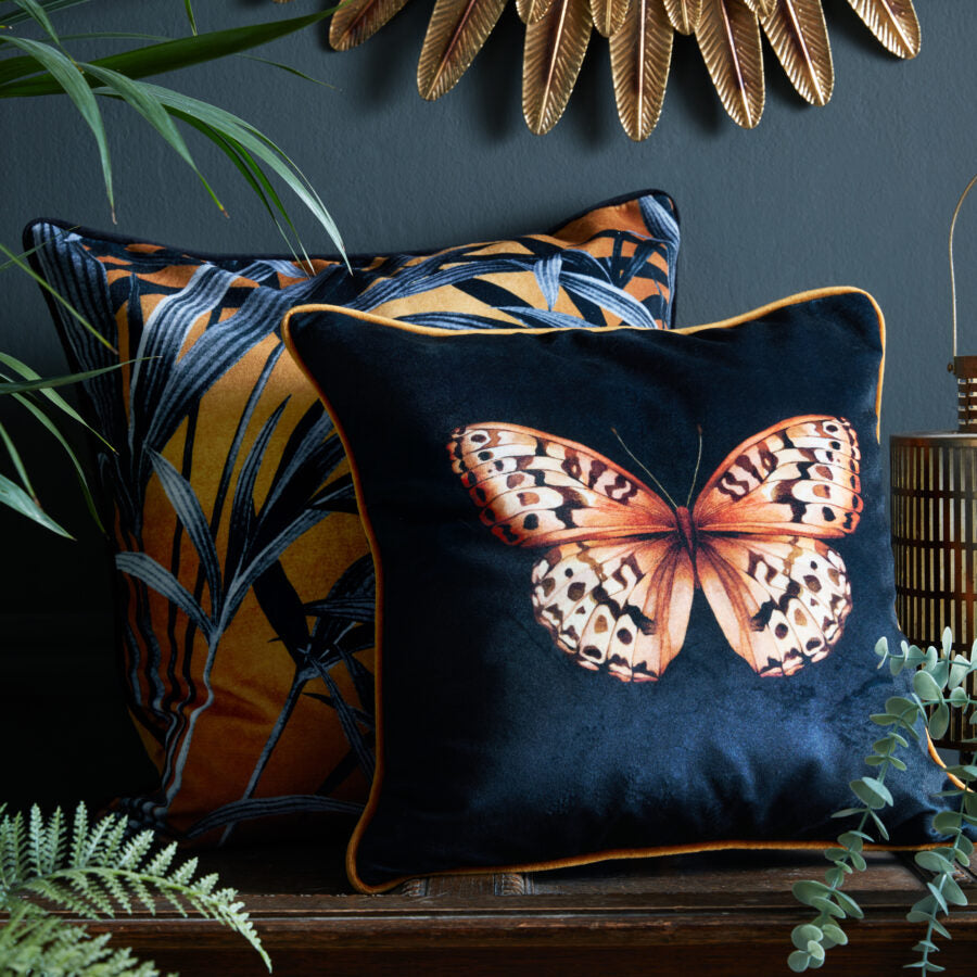 Avalana Golden Papilio Piped Velvet Cushion-Beaumonde