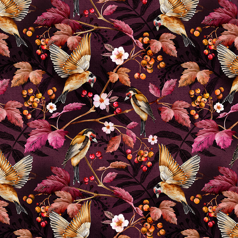 Avalana Goldfinches Aubergine Wallpaper-Beaumonde