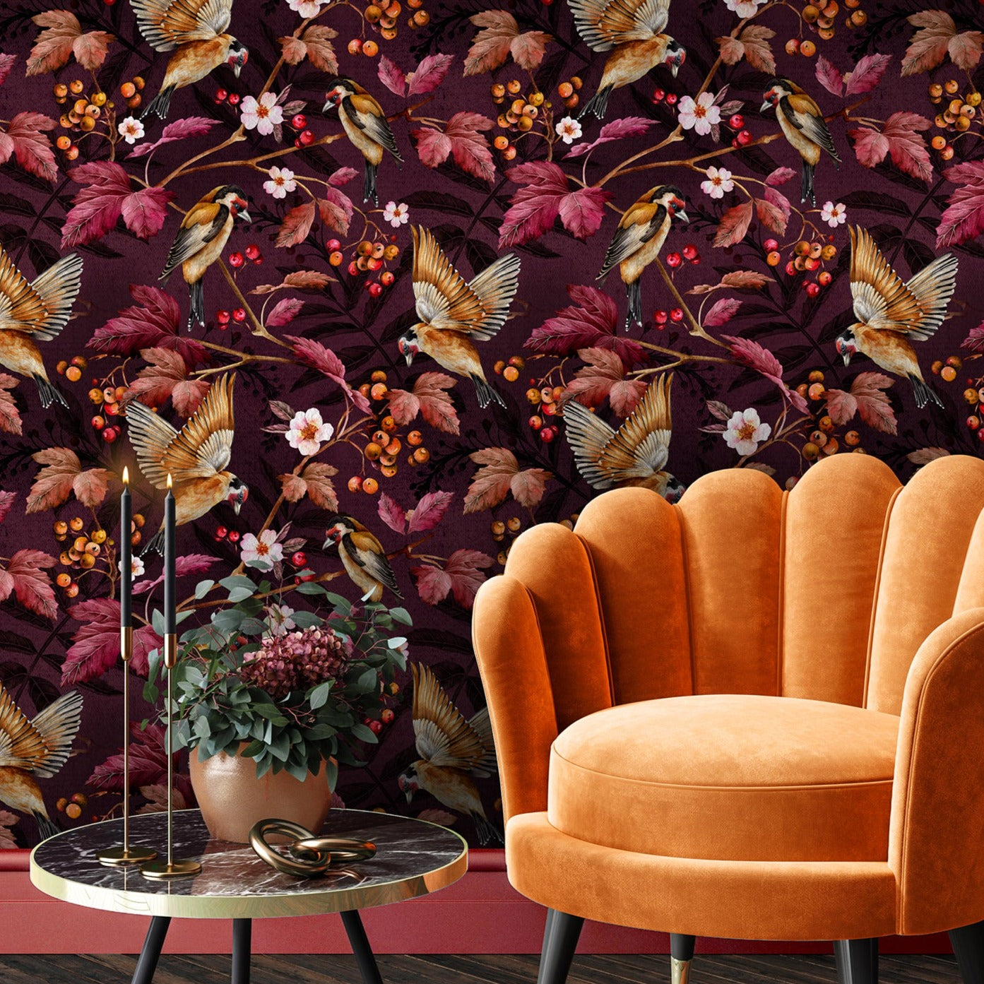 Avalana Goldfinches Aubergine Wallpaper-Beaumonde