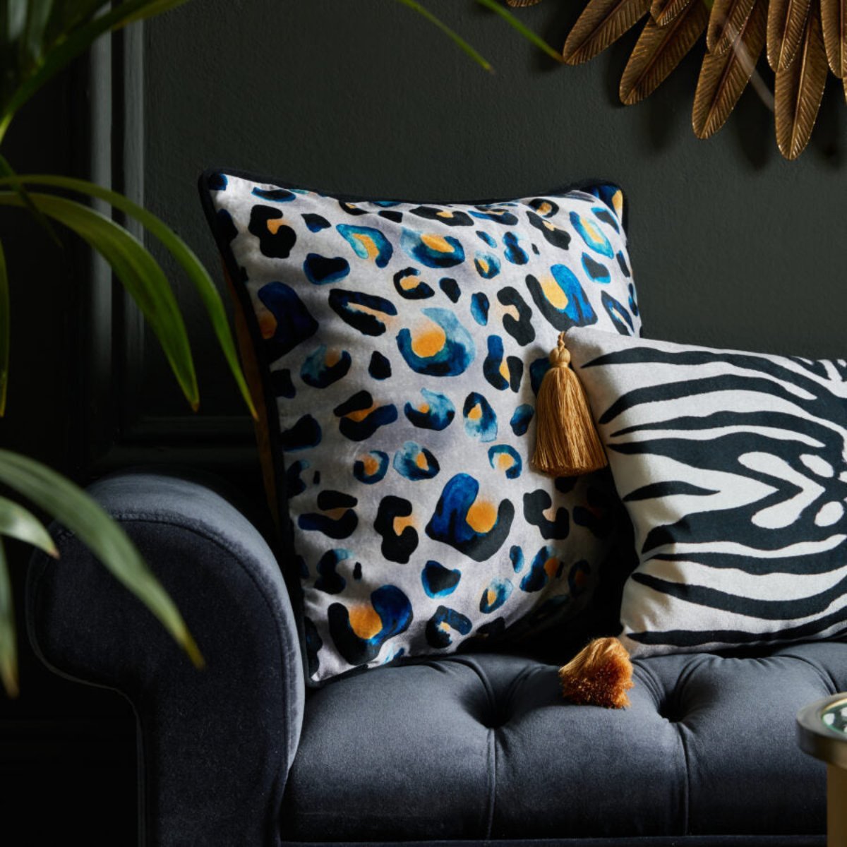 Avalana Indigo Leo Piped Velvet Cushion-Beaumonde