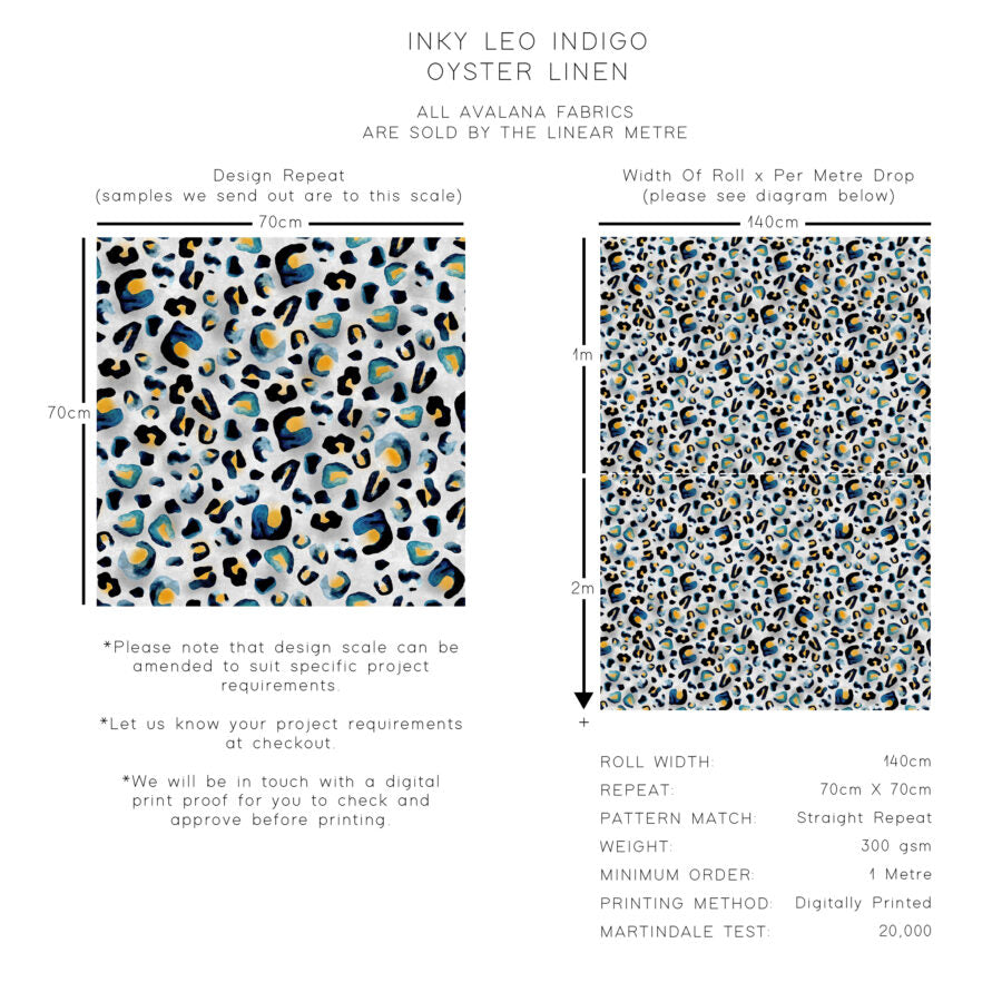 Avalana Inky Leopard Indigo Oyster Linen Fabric-Beaumonde