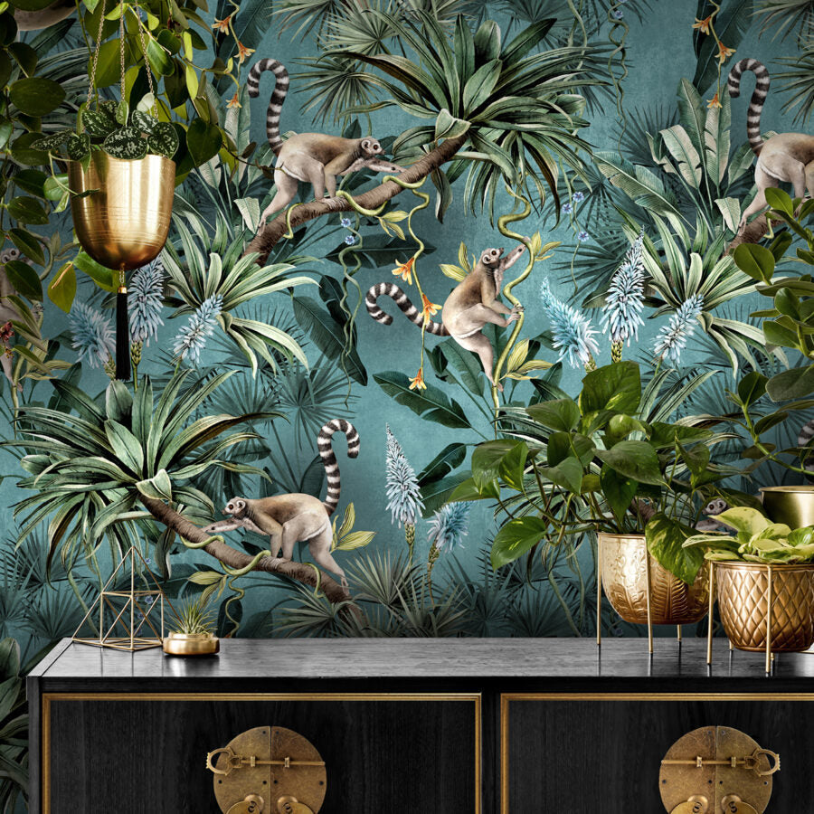 Avalana Leaping Lemurs Teal Wallpaper-Beaumonde