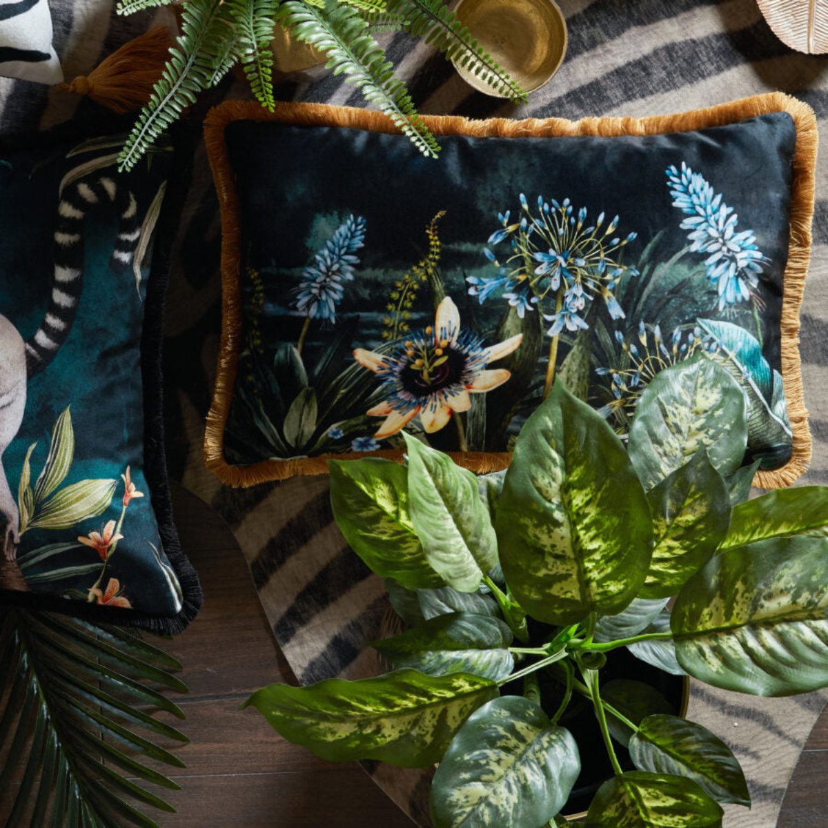 Avalana Madagascar Midnight Fringe Velvet Cushion-Beaumonde