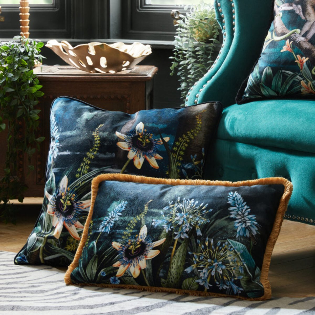 Avalana Madagascar Midnight Fringe Velvet Cushion-Beaumonde