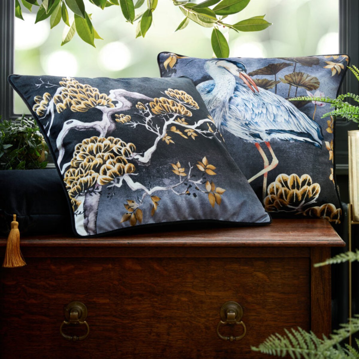 Avalana Midnight Orient Piped Velvet Cushion-Beaumonde