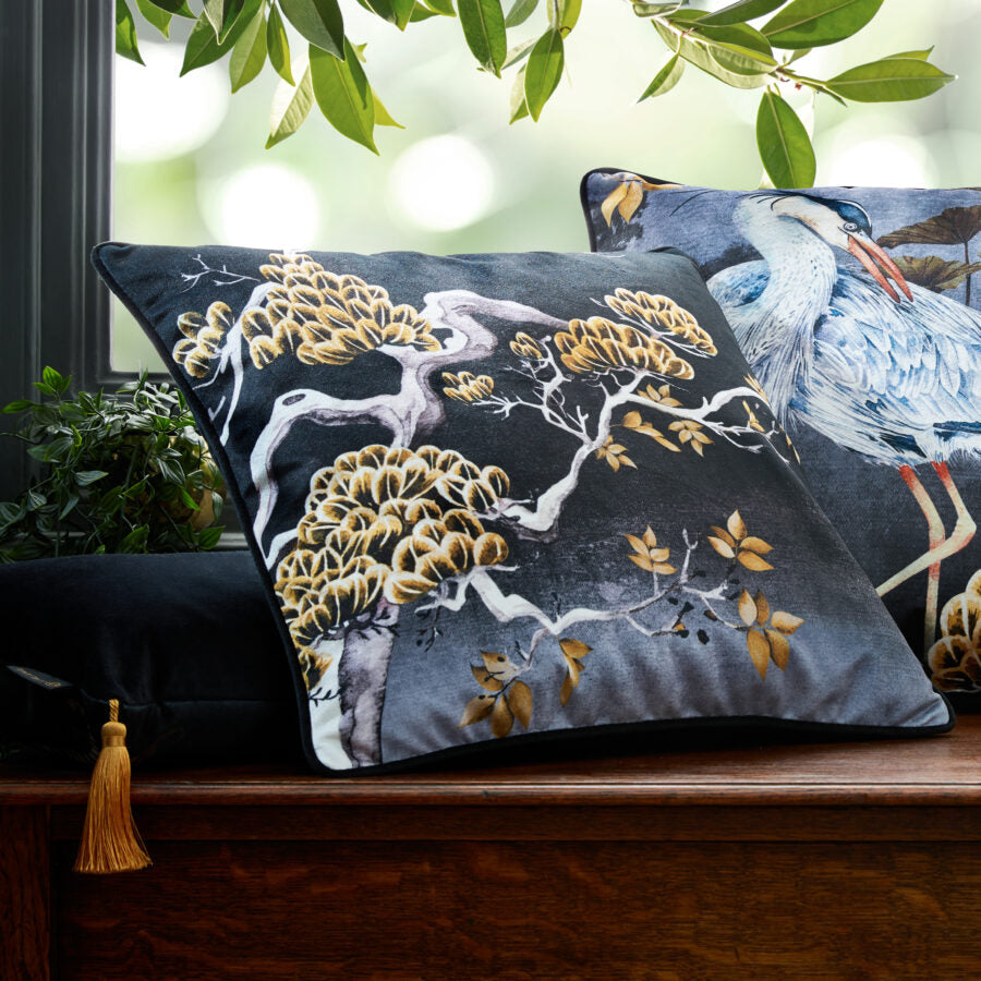 Avalana Midnight Orient Tree Piped Velvet Cushion-Beaumonde