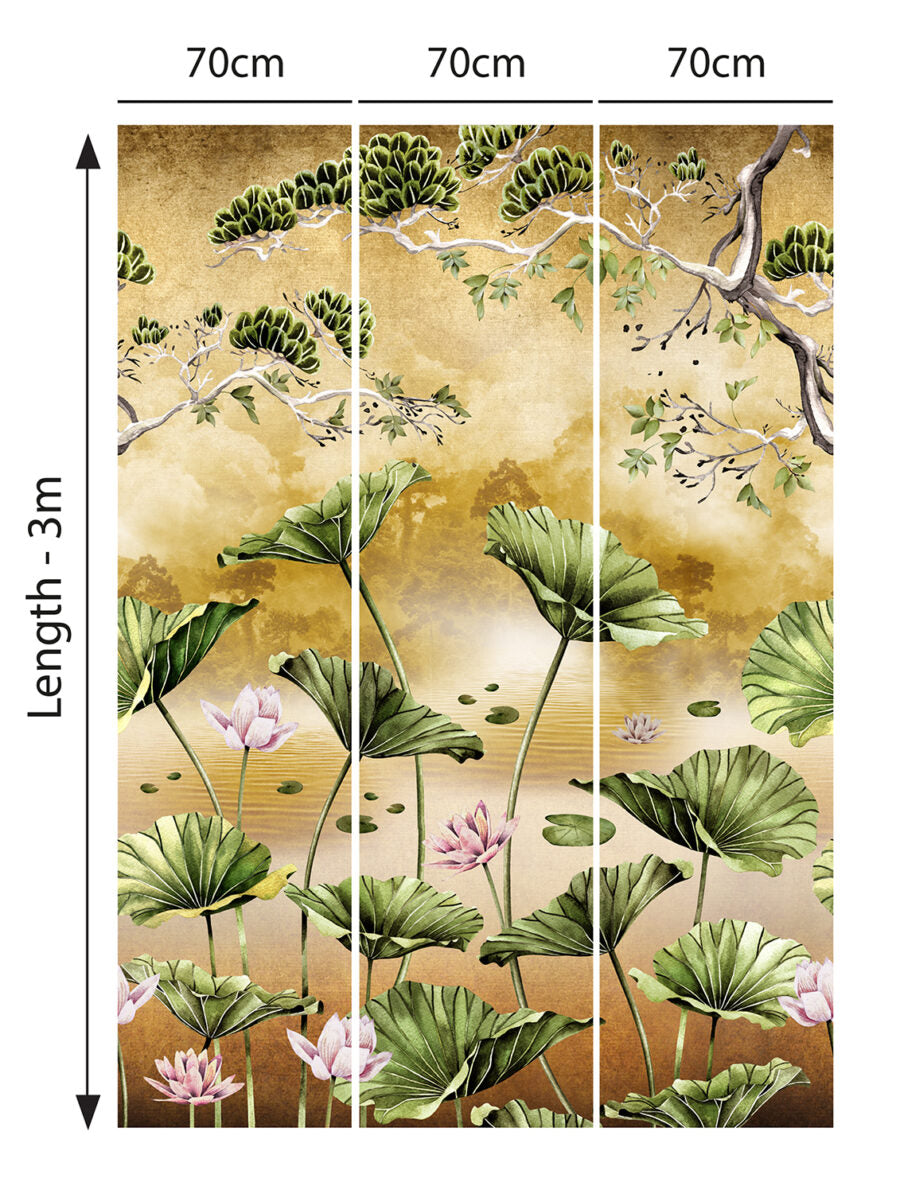 Avalana Waterlily Sunset Metallic Gold Wallpaper Mural-Beaumonde