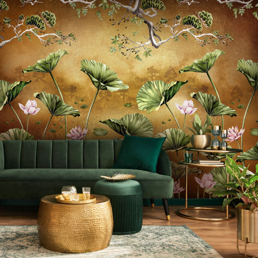 Avalana Waterlily Sunset Metallic Gold Wallpaper Mural-Beaumonde