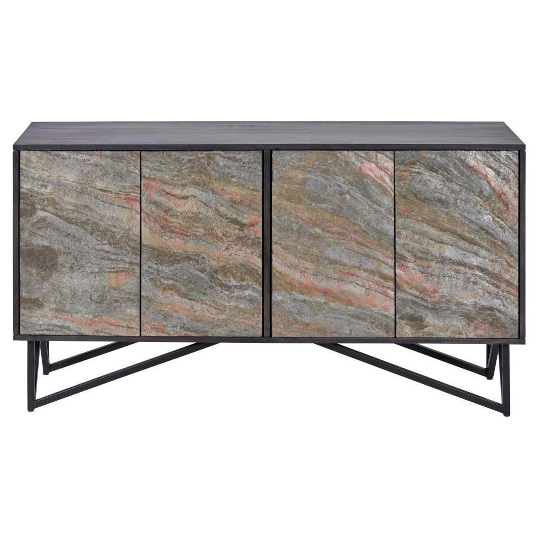 Beau&Co Alrik Black Mango Wood and Stone Veneer 4 Door Sideboard