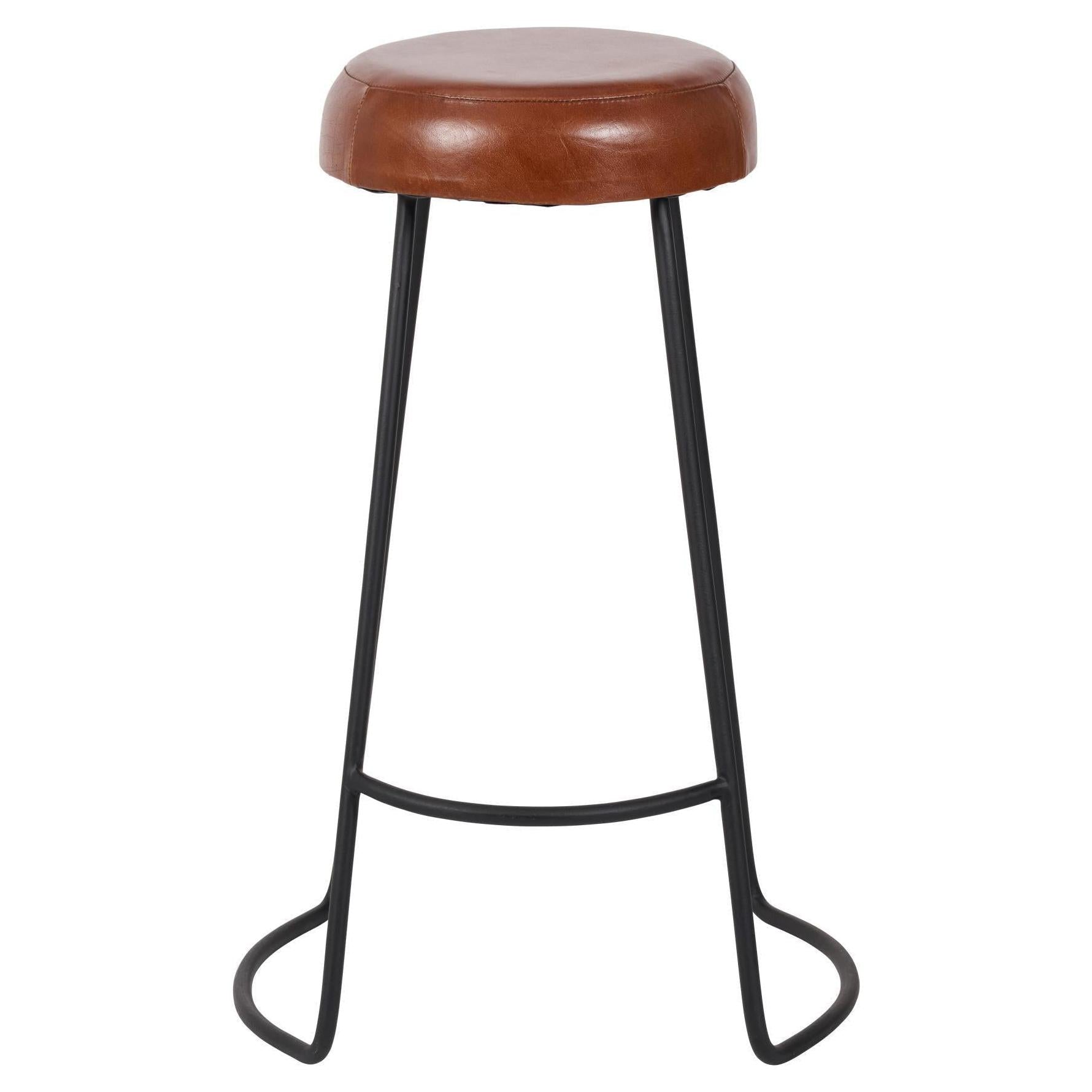 Beau&Co Mikkel Vintage Brown Leather and Black Metal Bar Stool