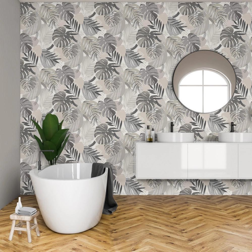 Brand McKenzie Abstract Jungle Putty Grey Wallpaper-Beaumonde