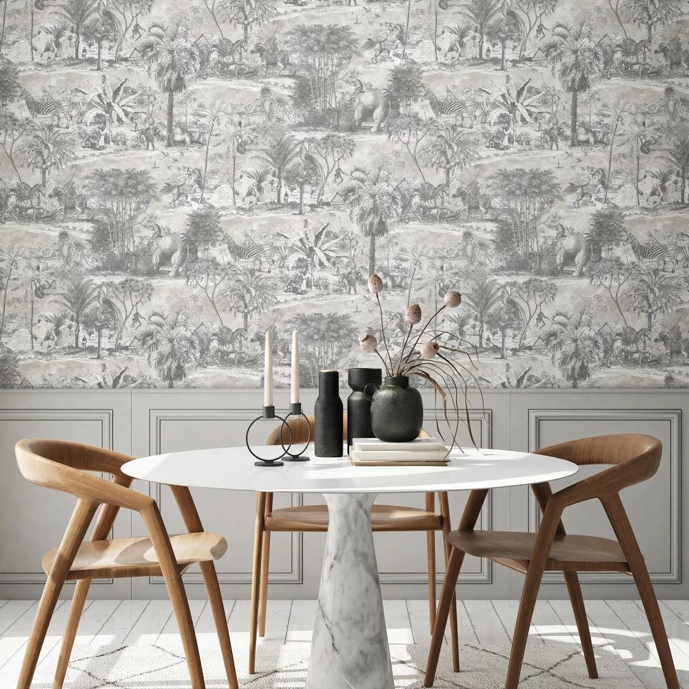 Brand McKenzie Animal Islands Muted Grey Wallpaper-Beaumonde