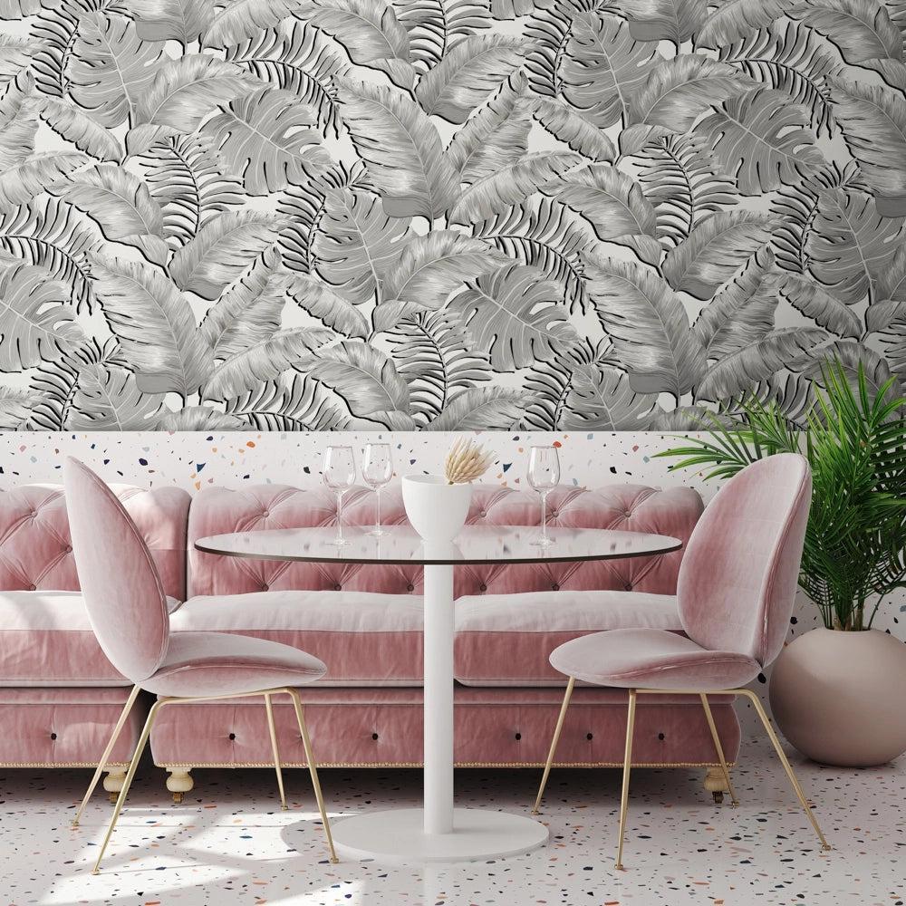Brand McKenzie Banana Leaves Max Black & White Wallpaper-Beaumonde