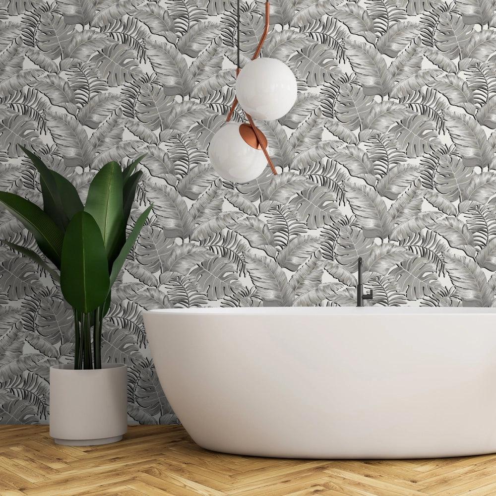 Brand McKenzie Banana Leaves Standard Black & White Wallpaper-Beaumonde