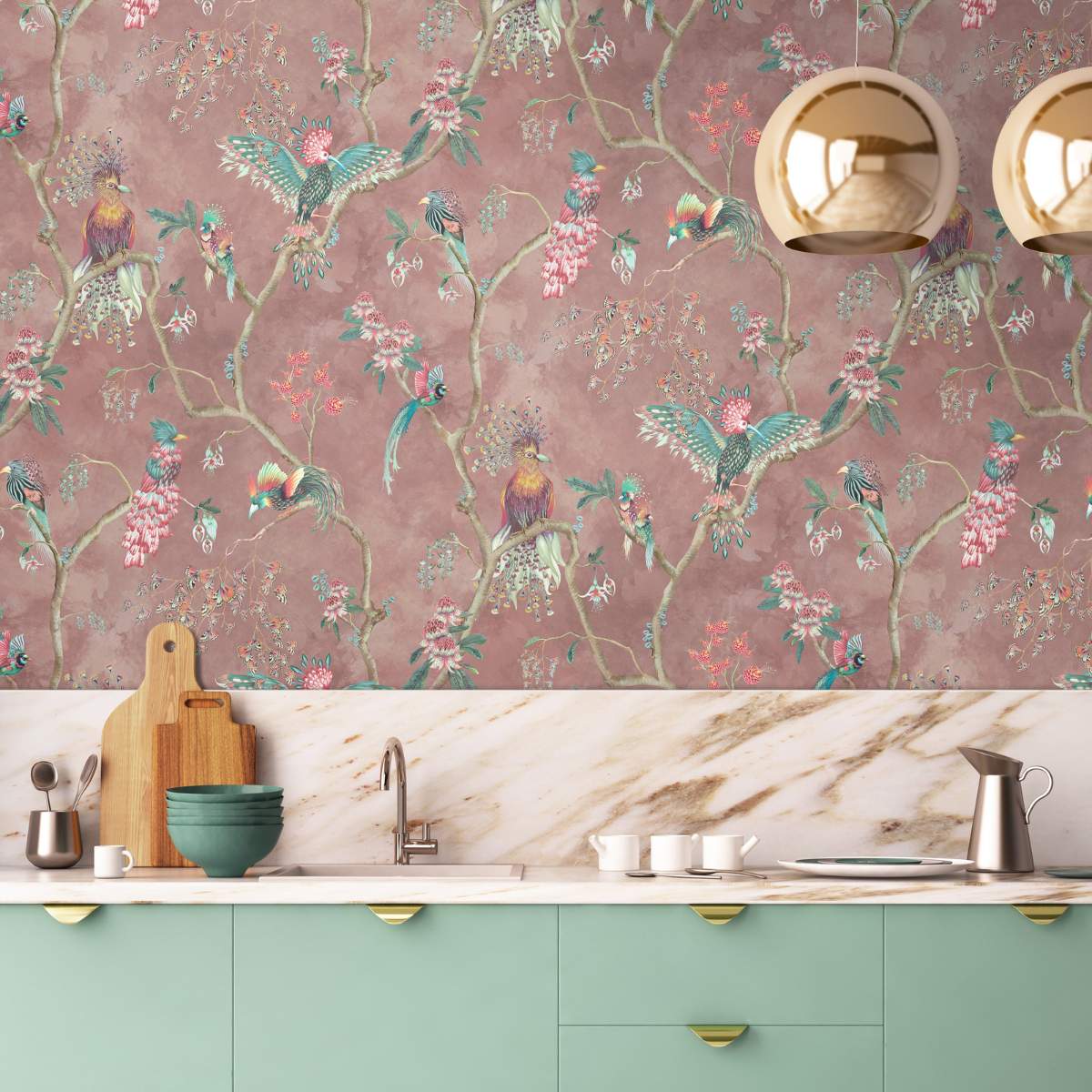 Brand McKenzie Birds In Paradise Wallpaper - Old Rose-Beaumonde