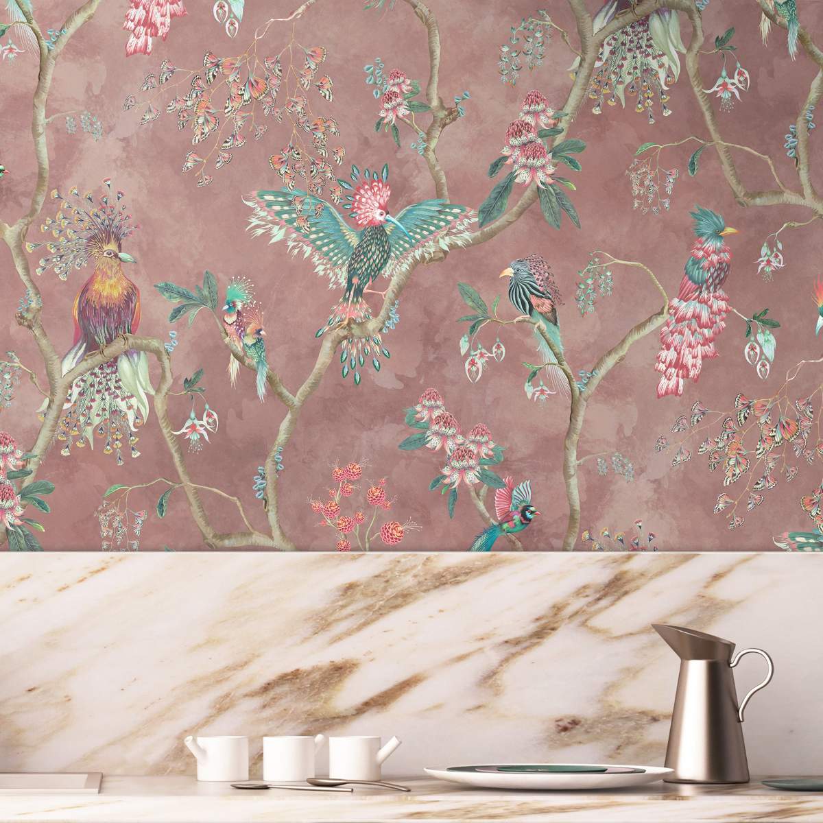 Brand McKenzie Birds In Paradise Wallpaper - Old Rose-Beaumonde