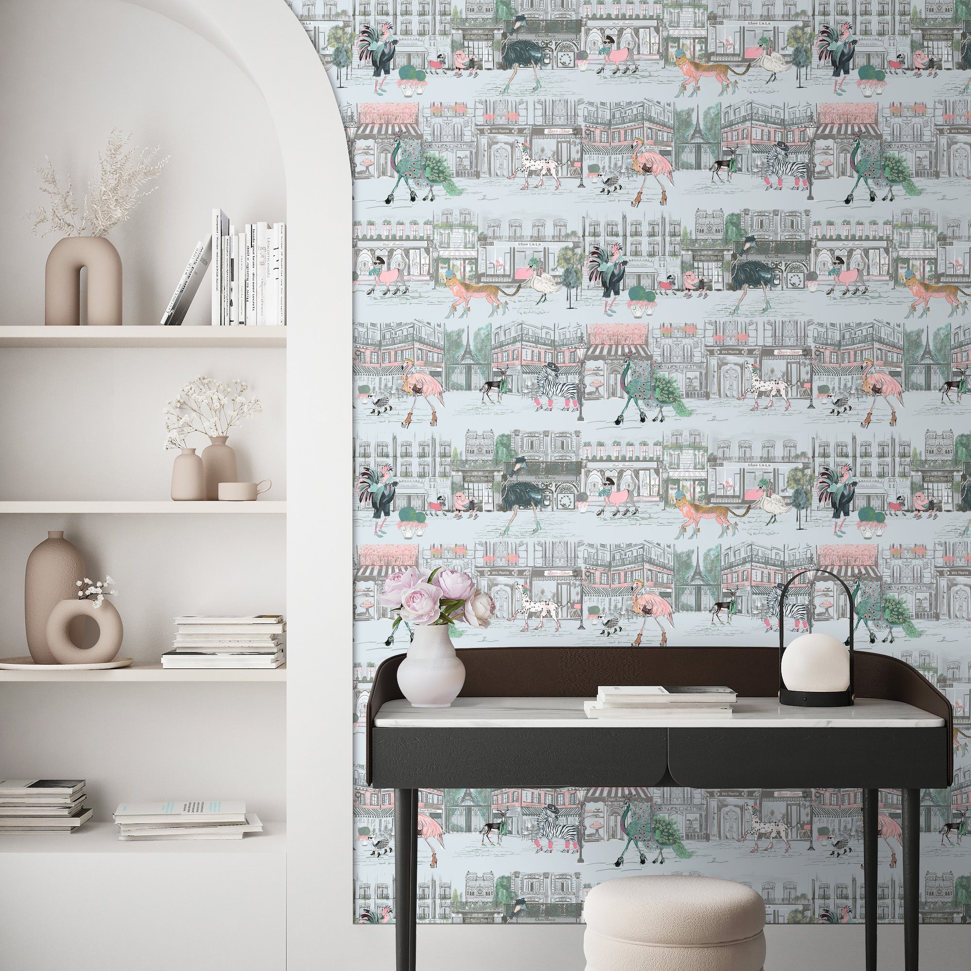 Brand McKenzie Catwalk Wallpaper - Powder Blue in situ - desk and arch - Beaumonde