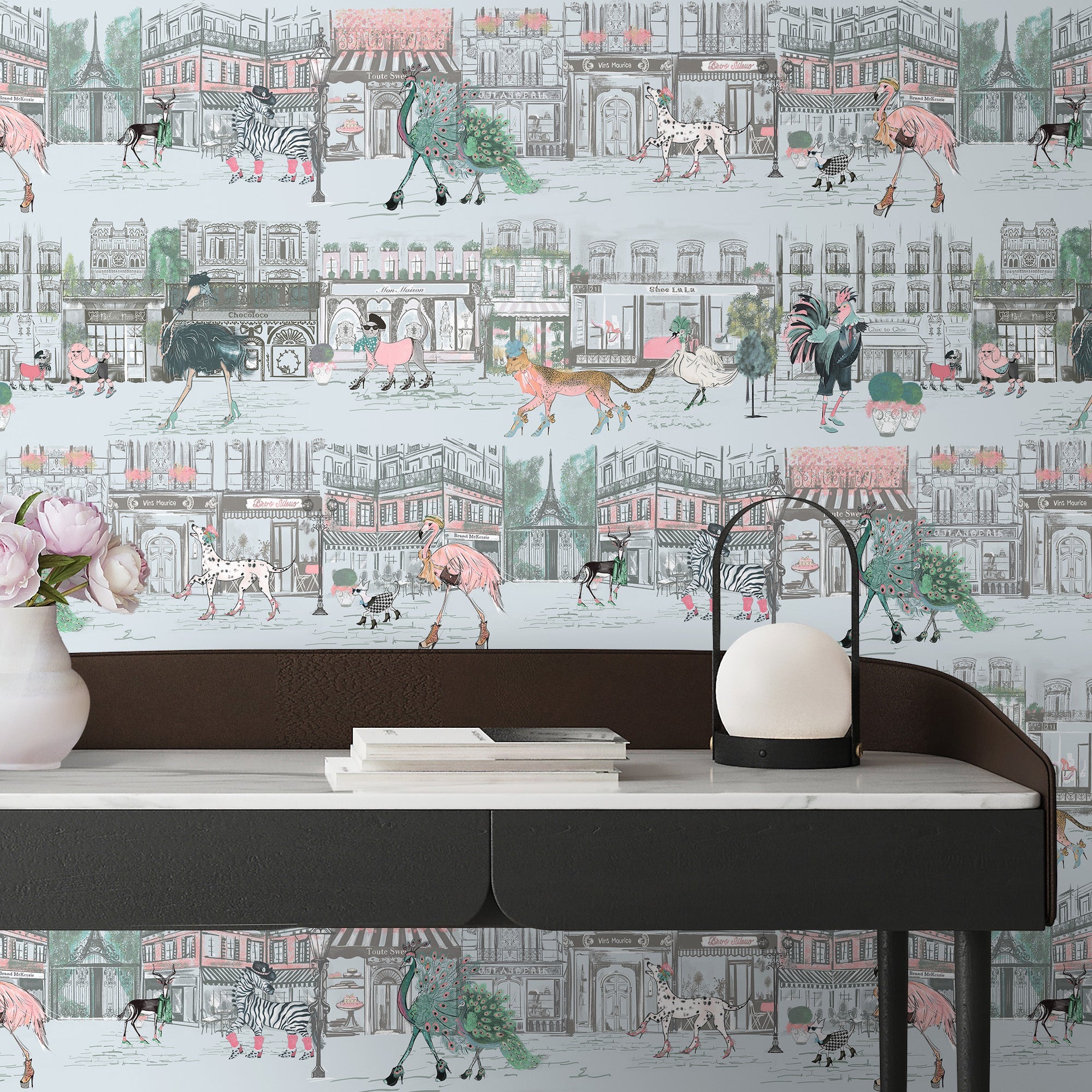 Brand McKenzie Catwalk Wallpaper - Powder Blue in situ - desk and lamp - Beaumonde
