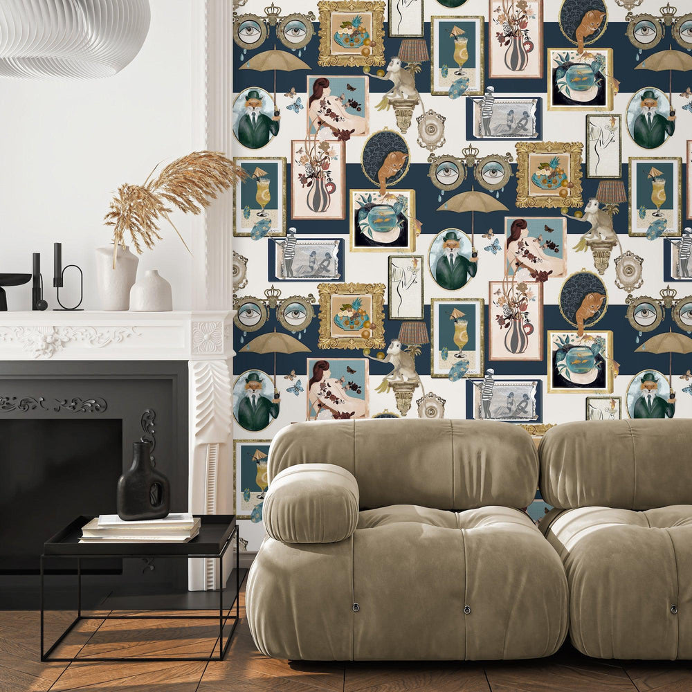 Brand McKenzie Connecting Frames Wallpaper - Navy in situ with brown sofa 