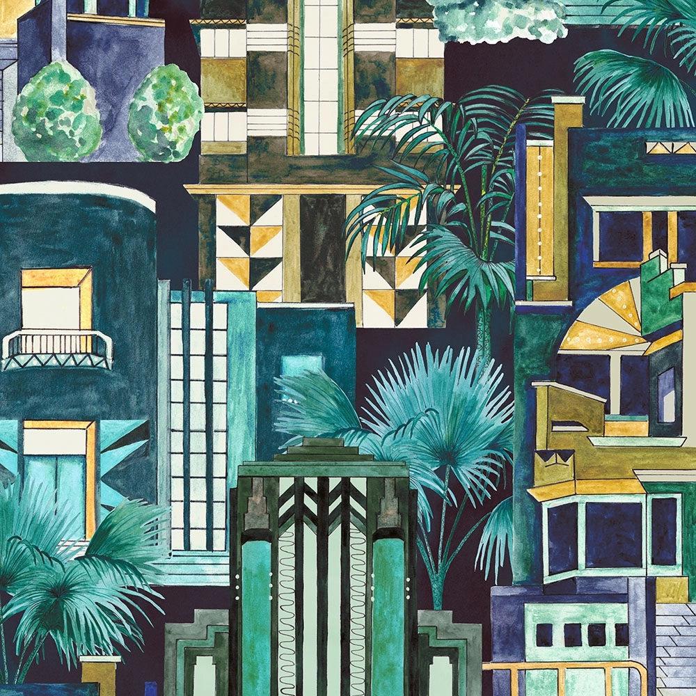 Brand McKenzie Downtown Deco Indigo Wallpaper-Beaumonde