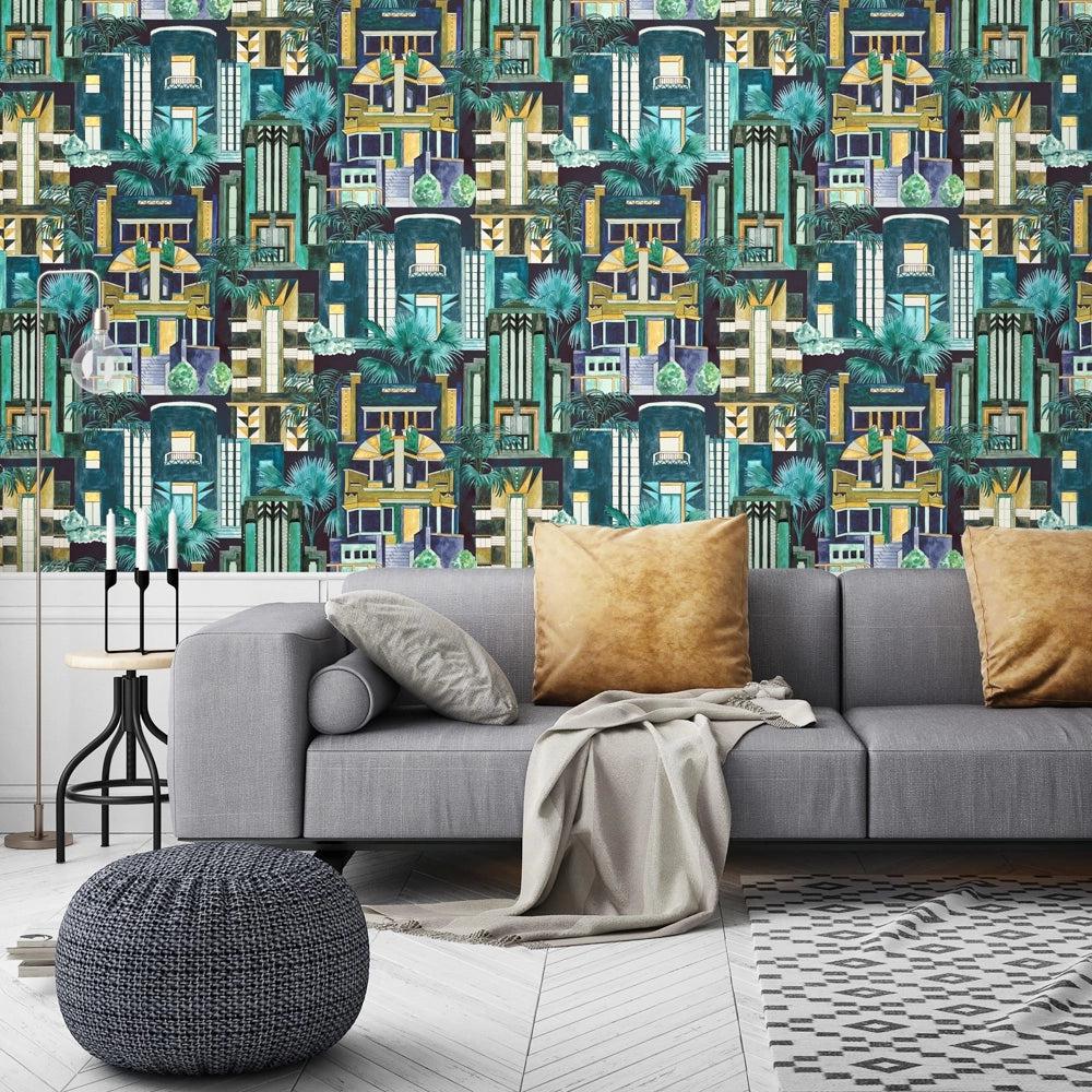 Brand McKenzie Downtown Deco Indigo Wallpaper-Beaumonde