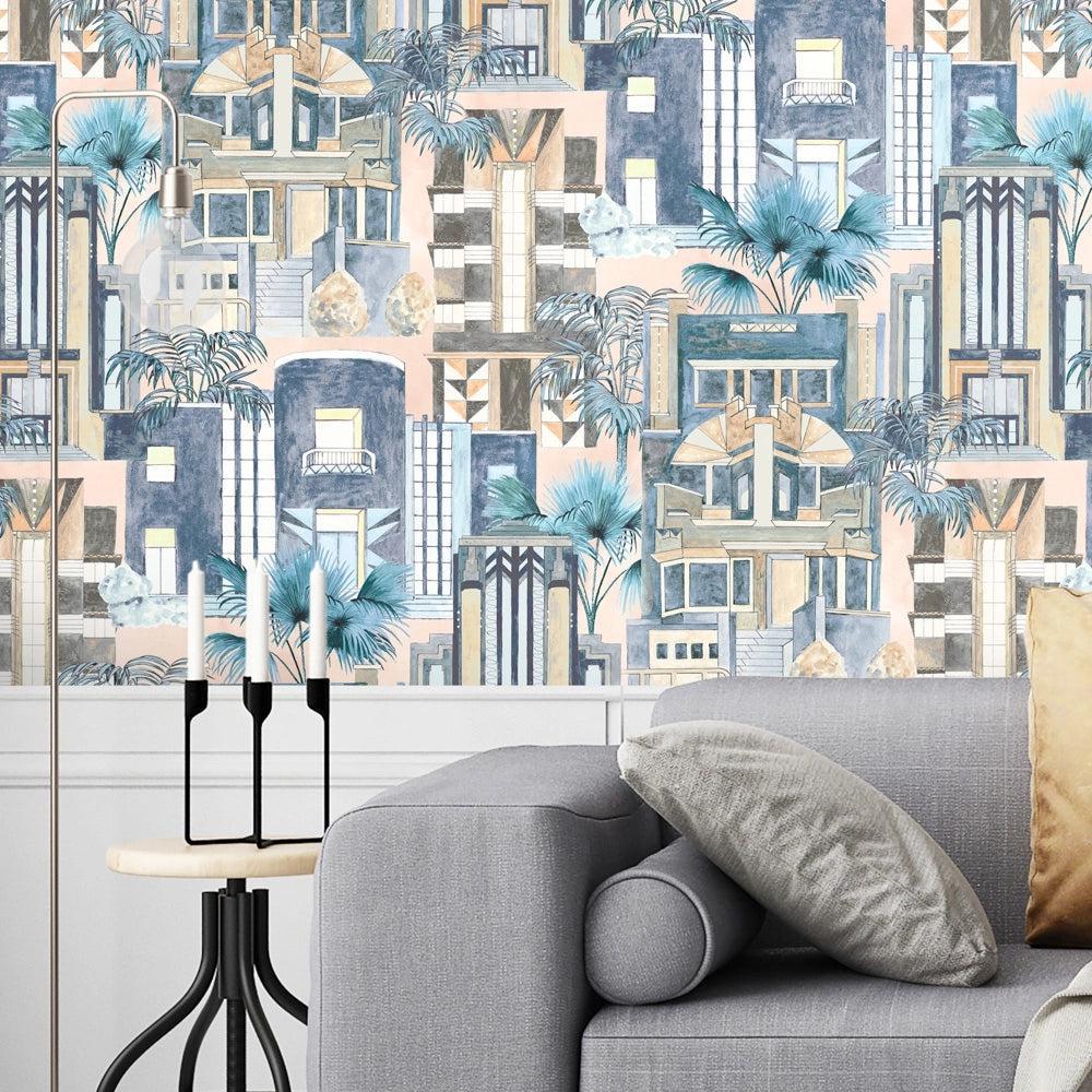 Brand McKenzie Downtown Deco Pastel Blue Wallpaper-Beaumonde