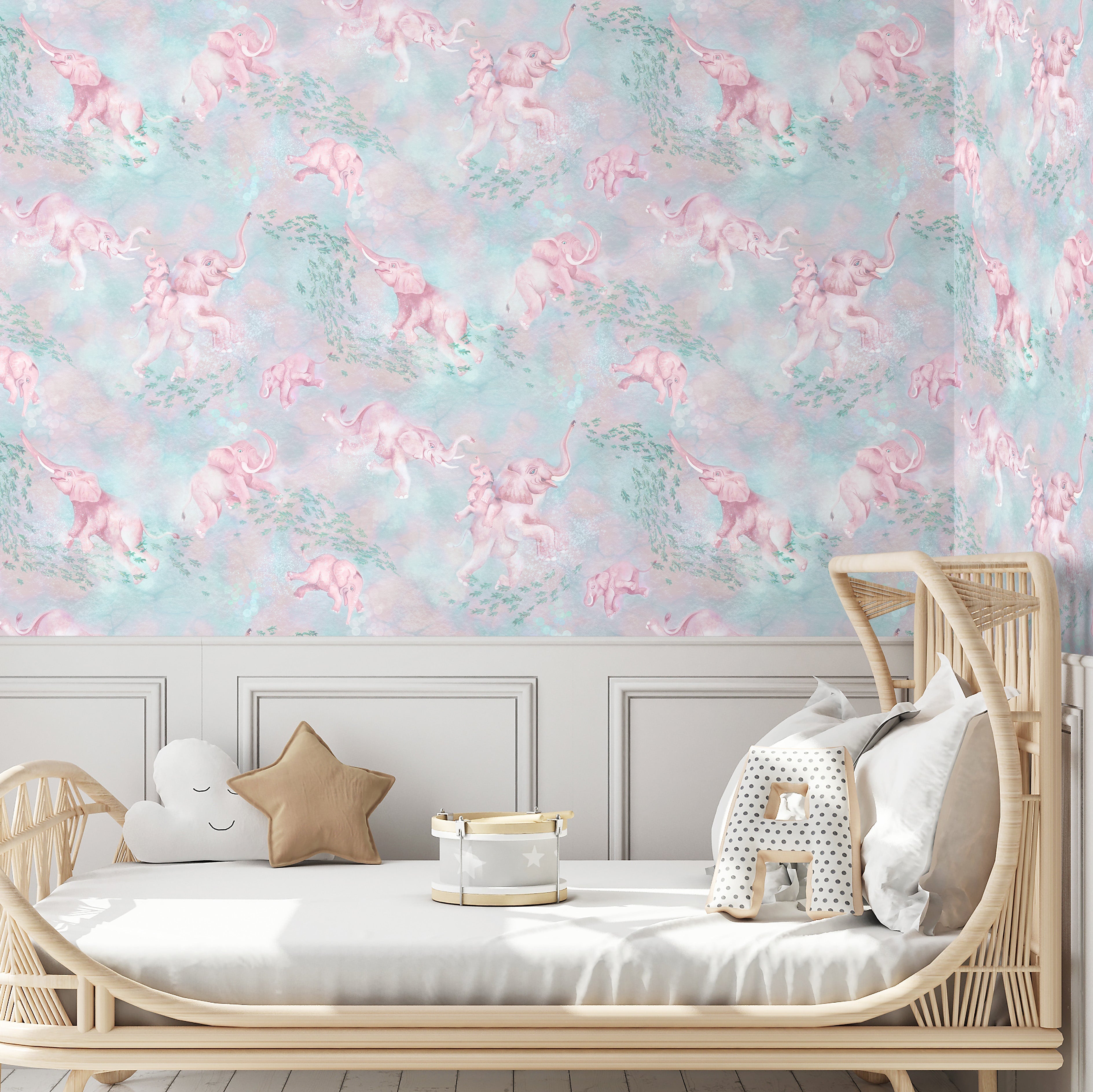 Brand McKenzie Elephant Breaststroke Peppermint Pink Wallpaper-Beaumonde